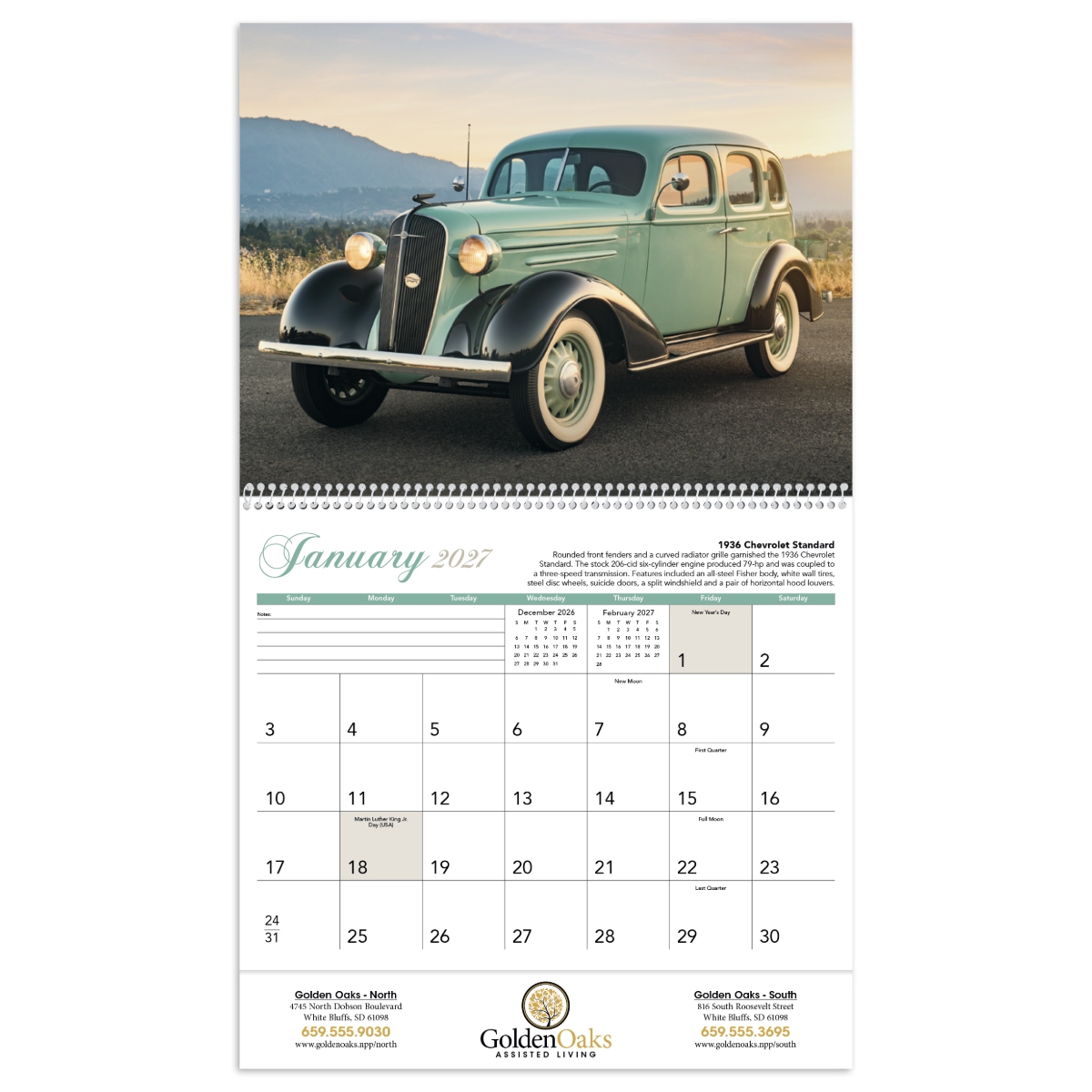 Classic car calendar featuring elegant vintage vehicles from a stylish era with information about each featured car, assembled in the USA.