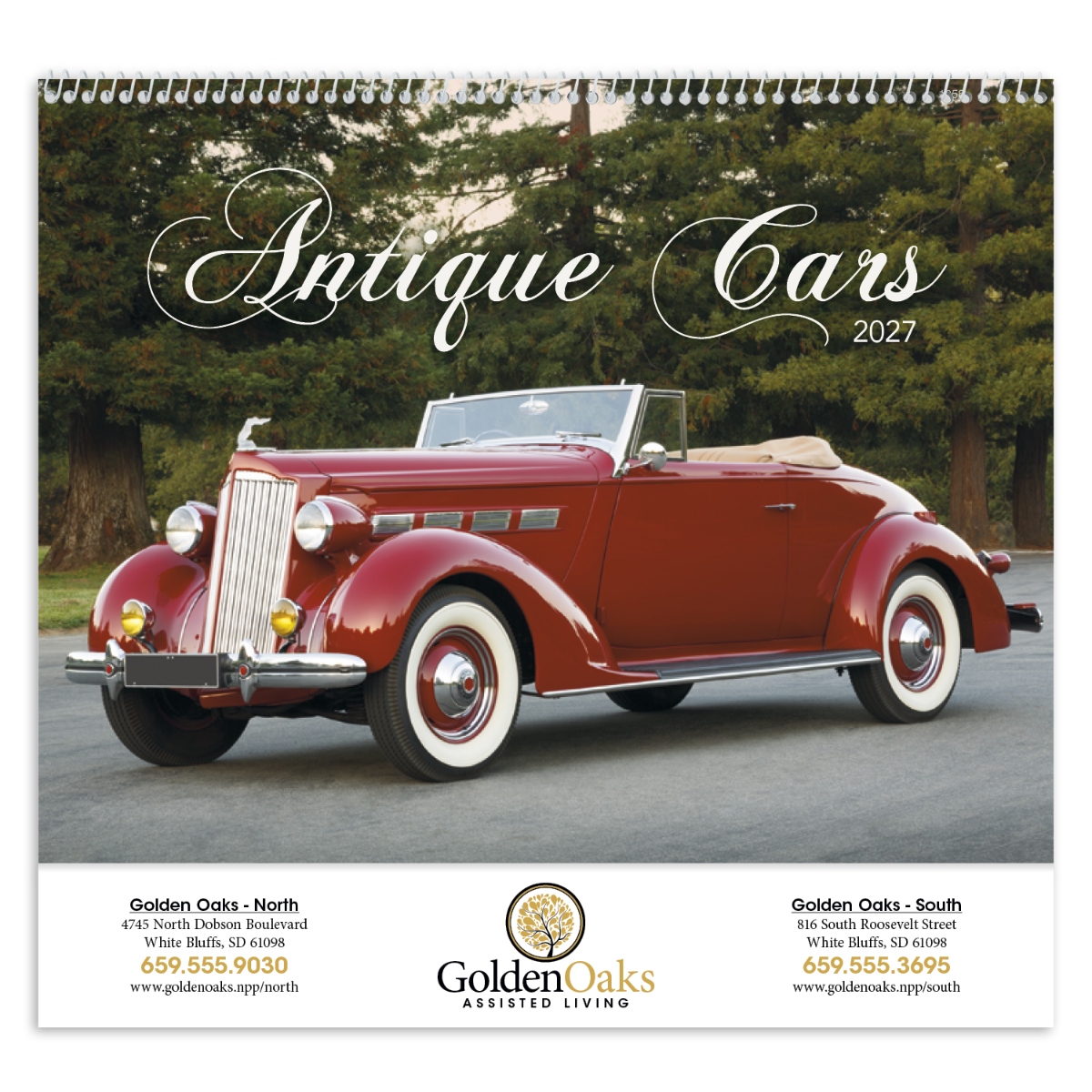 Classic car calendar featuring elegant vintage vehicles from a stylish era with information about each featured car, assembled in the USA.