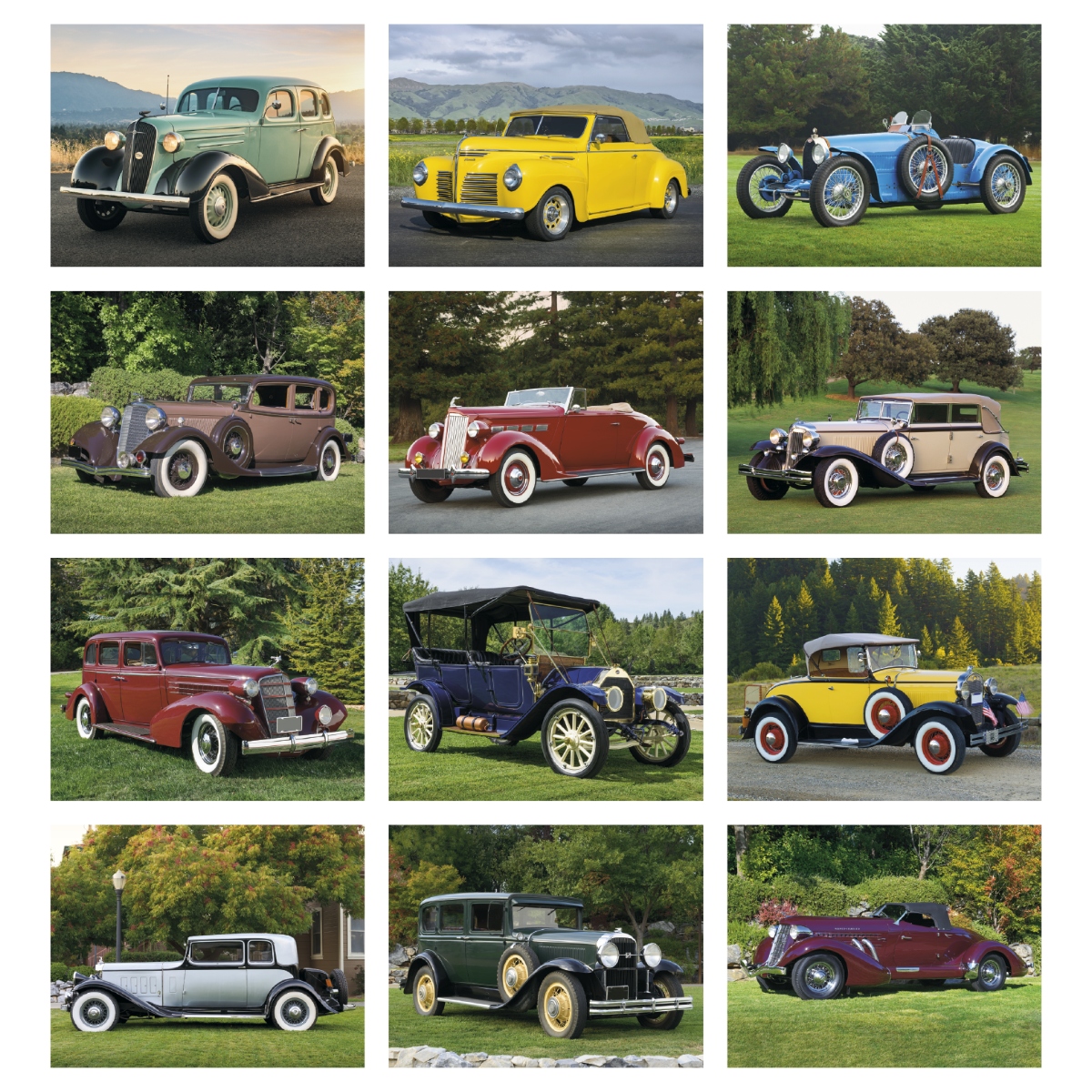 Classic car calendar featuring elegant vintage vehicles from a stylish era with information about each featured car, assembled in the USA.