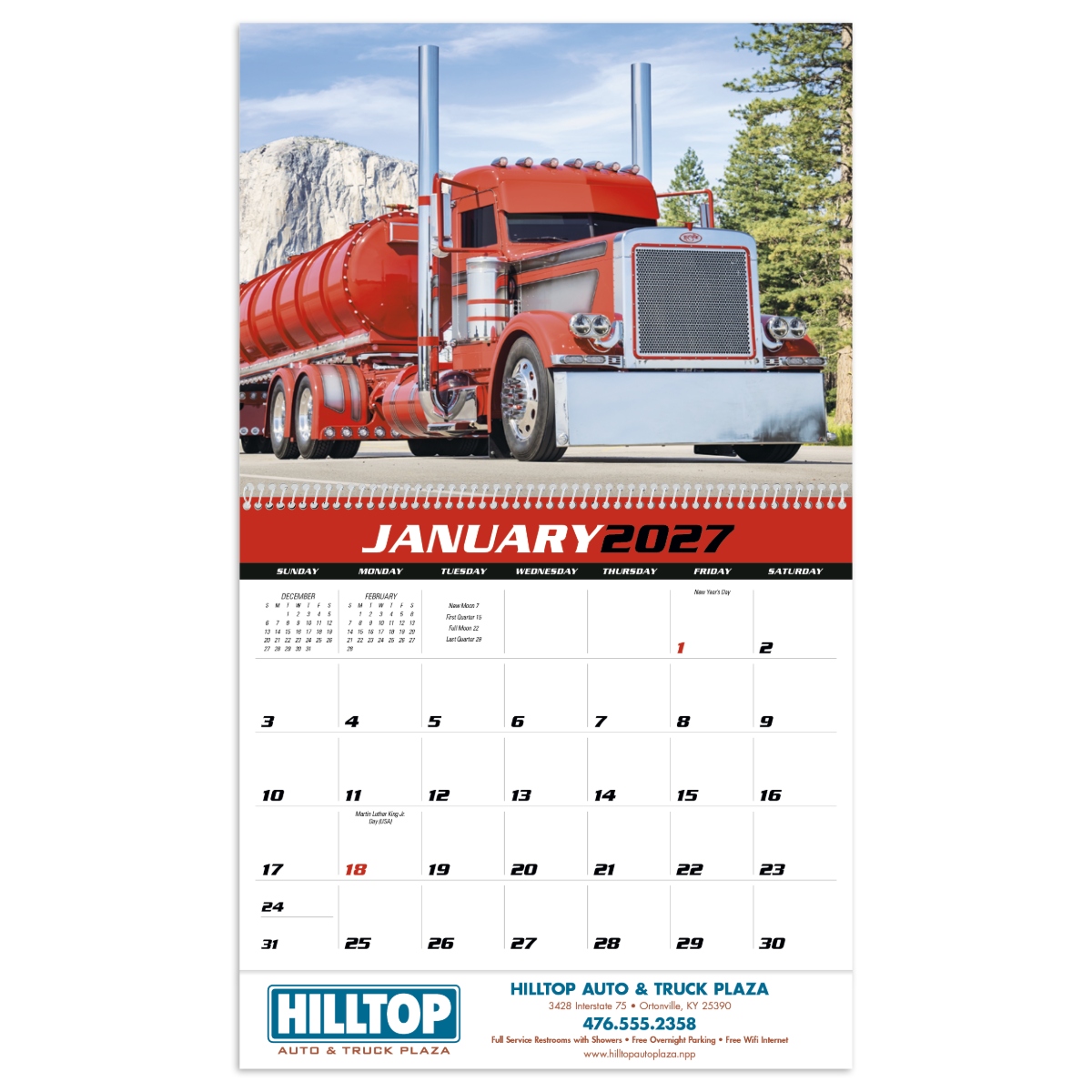 Custom big rig calendar featuring impressive trucks built for the open road, assembled in the USA.