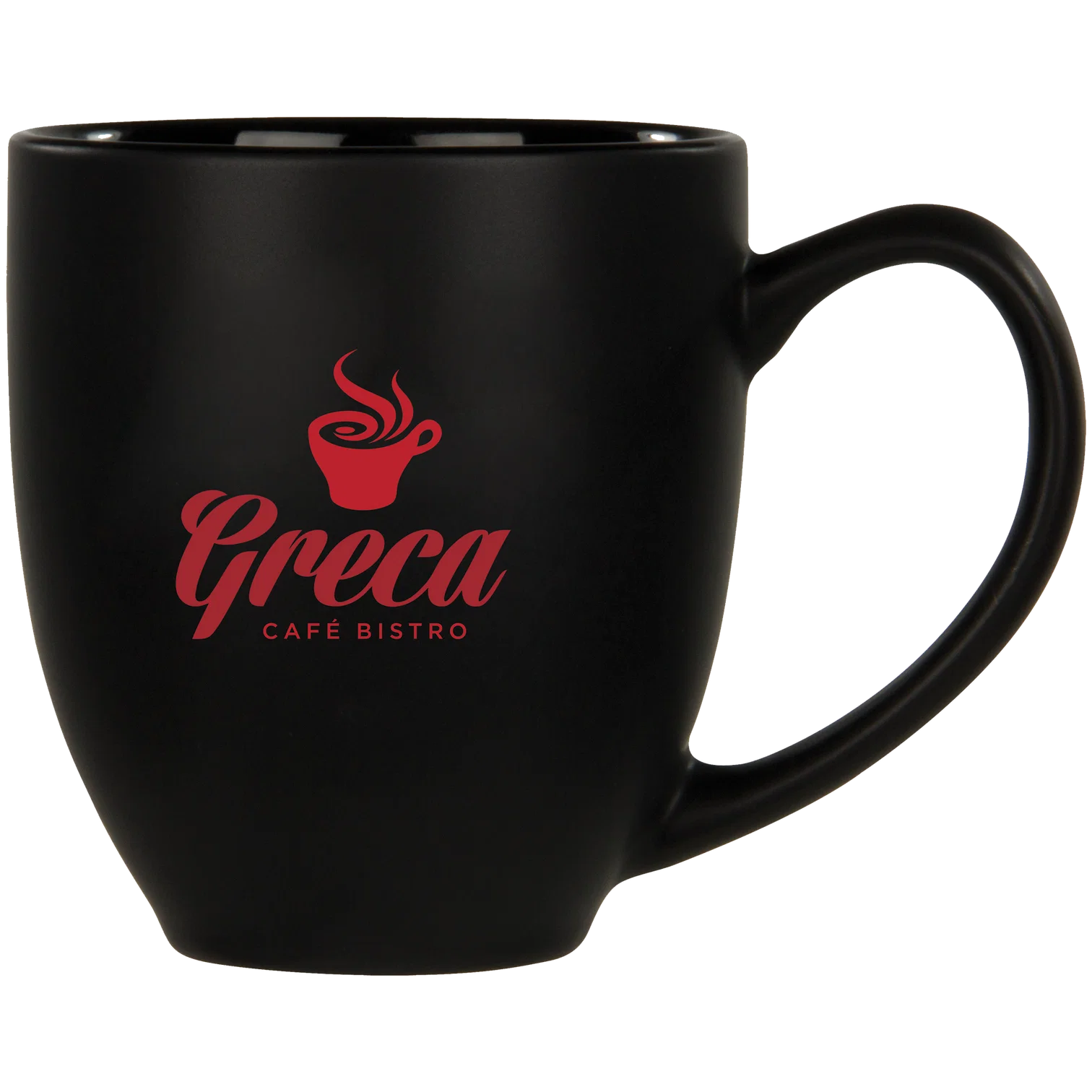 Black 14 oz Kona Joe Ceramic Mug with a matte ceramic exterior, glossy interior, classic contoured shape, and large ear-shaped handle, shown as a durable coffee mug for hot beverages.