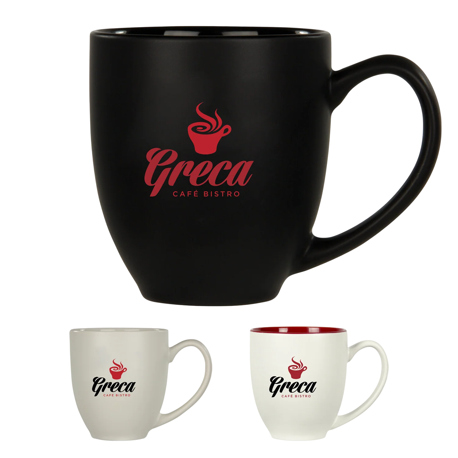 14 oz Kona Joe Ceramic Mug with a matte ceramic exterior, glossy interior, classic contoured shape, and large ear-shaped handle, shown as a durable coffee mug for hot beverages.