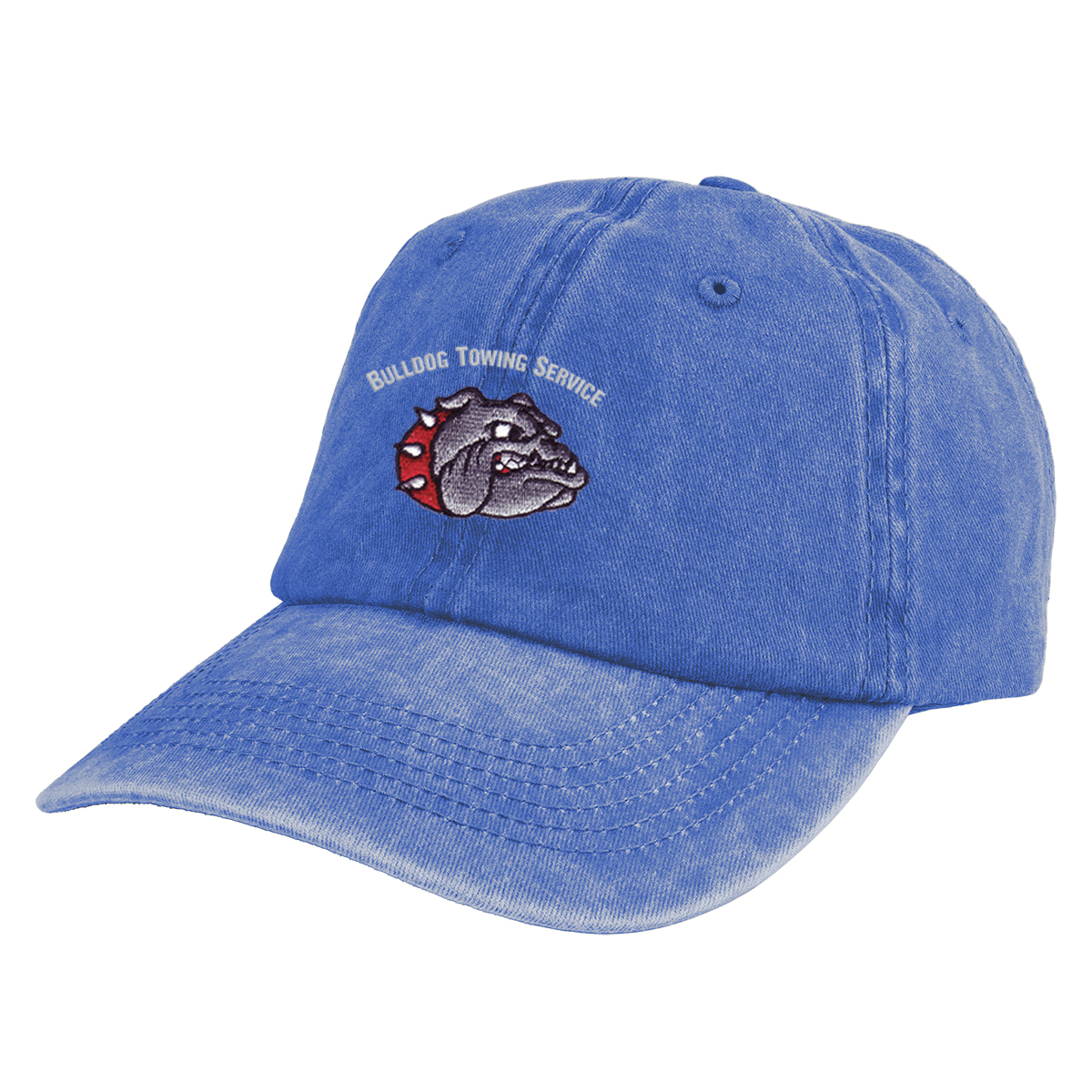 Royal Blue Washed Custom Cap with a low-profile six-panel design, unstructured washed cotton twill fabric, pre-curved visor, and adjustable hook-and-loop back strap, shown for casual everyday wear or custom embroidery.