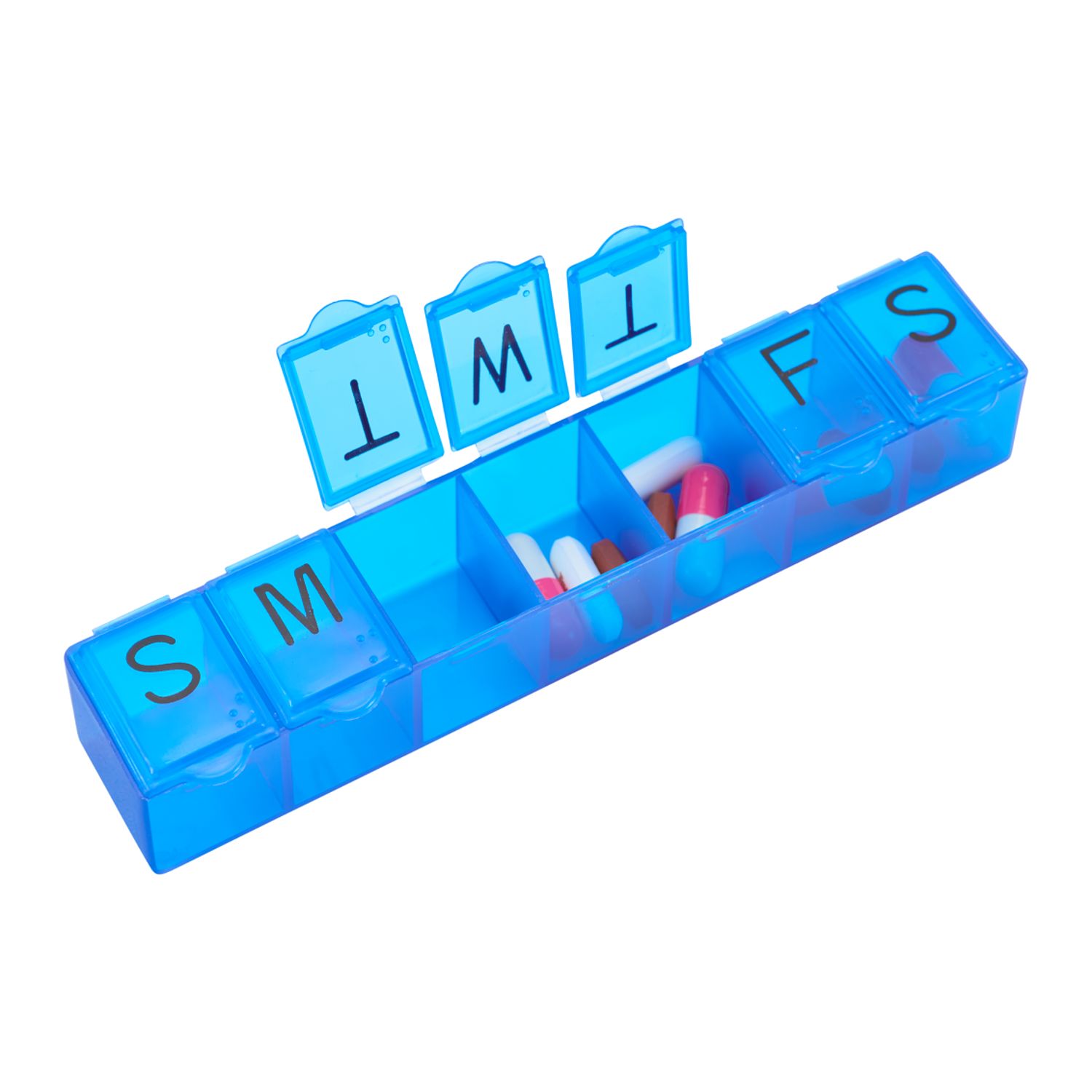 Blue 7-day pill case with seven labeled compartments and hinged snap-up lids for organizing daily medication and supplements.