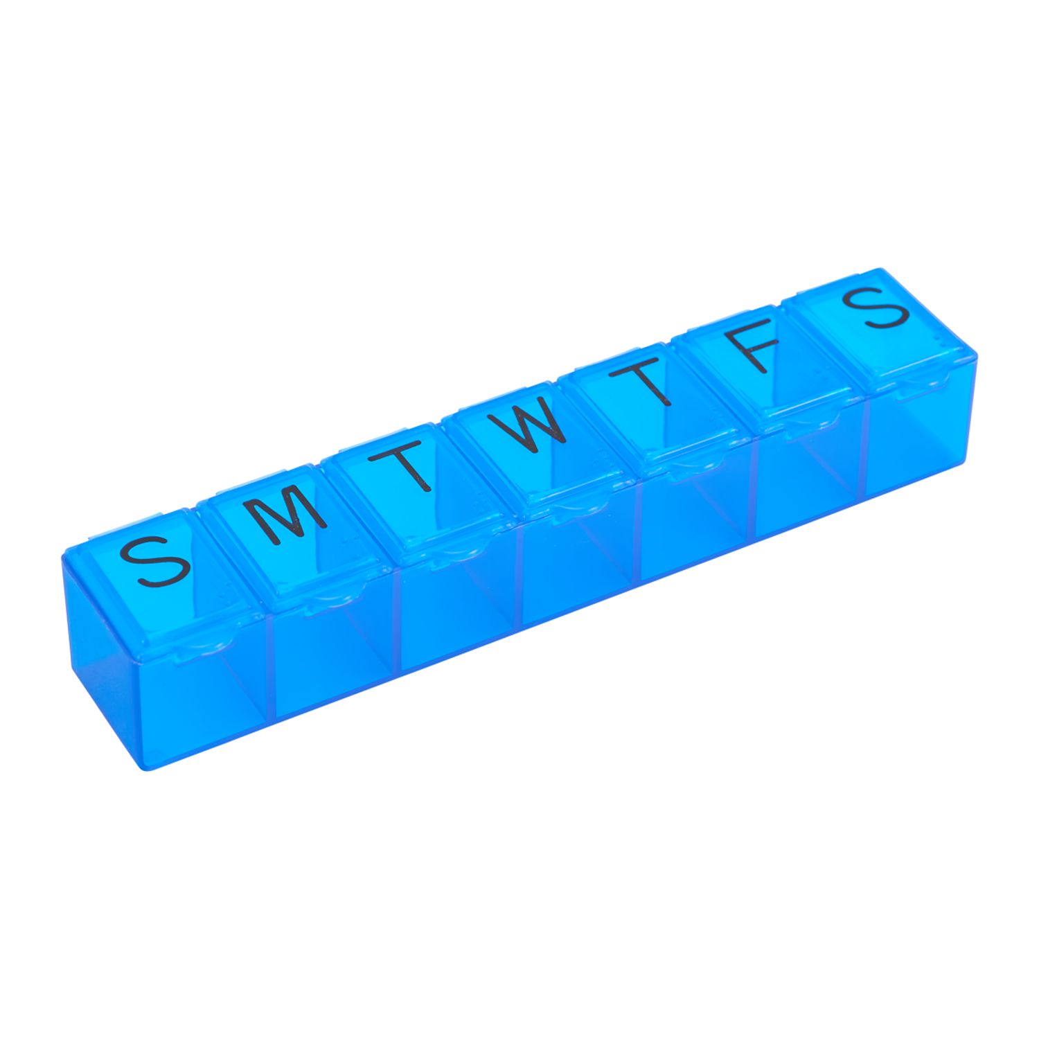 Blue 7-day pill case with seven labeled compartments and hinged snap-up lids for organizing daily medication and supplements.