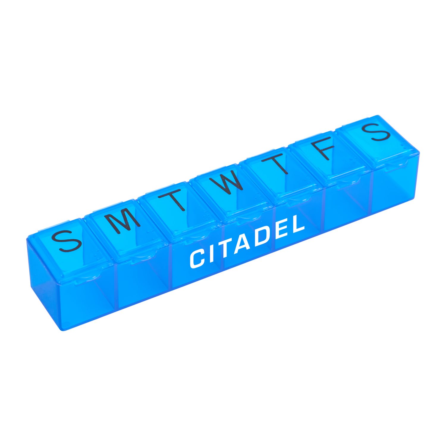 Blue 7-day pill case with seven labeled compartments and hinged snap-up lids for organizing daily medication and supplements.