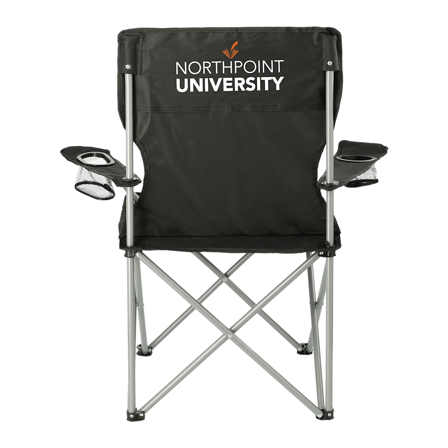 Black folding event chair with built-in cup holders, armrests, and matching carrying case with shoulder strap.