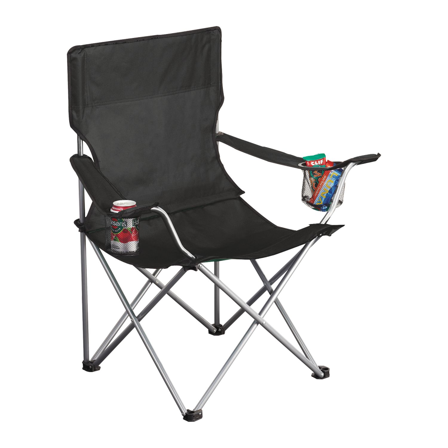 Black folding event chair with built-in cup holders, armrests, and matching carrying case with shoulder strap.