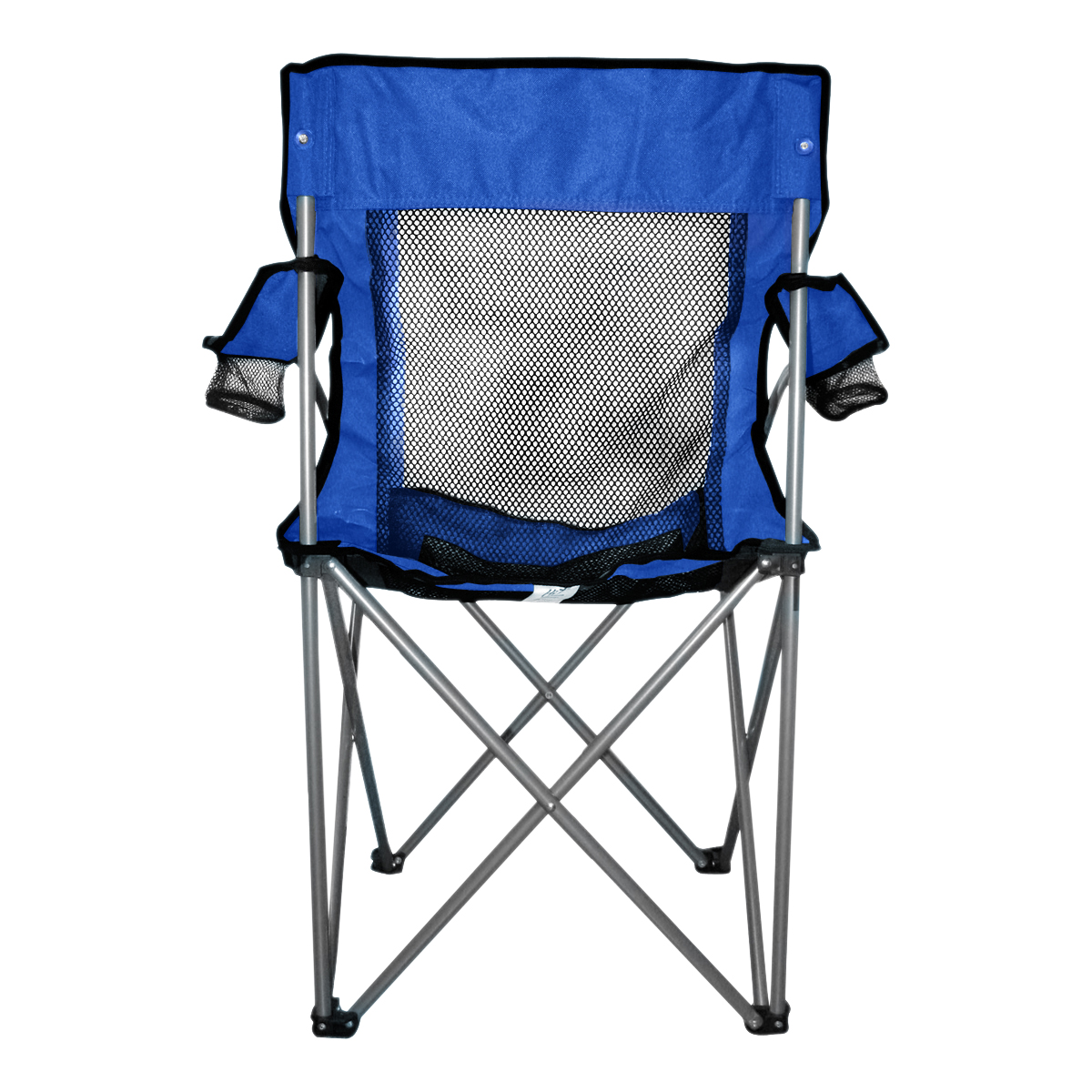Royal Blue Mesh Folding Promotional Chair with Carrying Bag, featuring a durable 600D polyester and mesh seat, steel frame, dual mesh cup holders, and a matching carry bag, set up outdoors for camping, sporting events, picnics, or backyard relaxation.