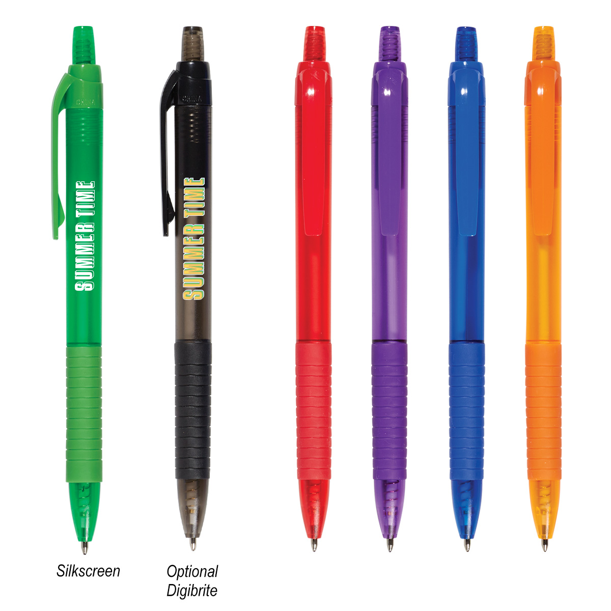 Echo Pen with a translucent plastic barrel, black rubber comfort grip, plunger-action design, and silver clip, displayed for everyday writing and office use.