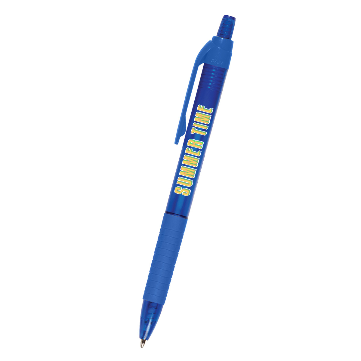 Translucent Blue Echo Pen with a translucent plastic barrel, black rubber comfort grip, plunger-action design, and silver clip, displayed for everyday writing and office use.