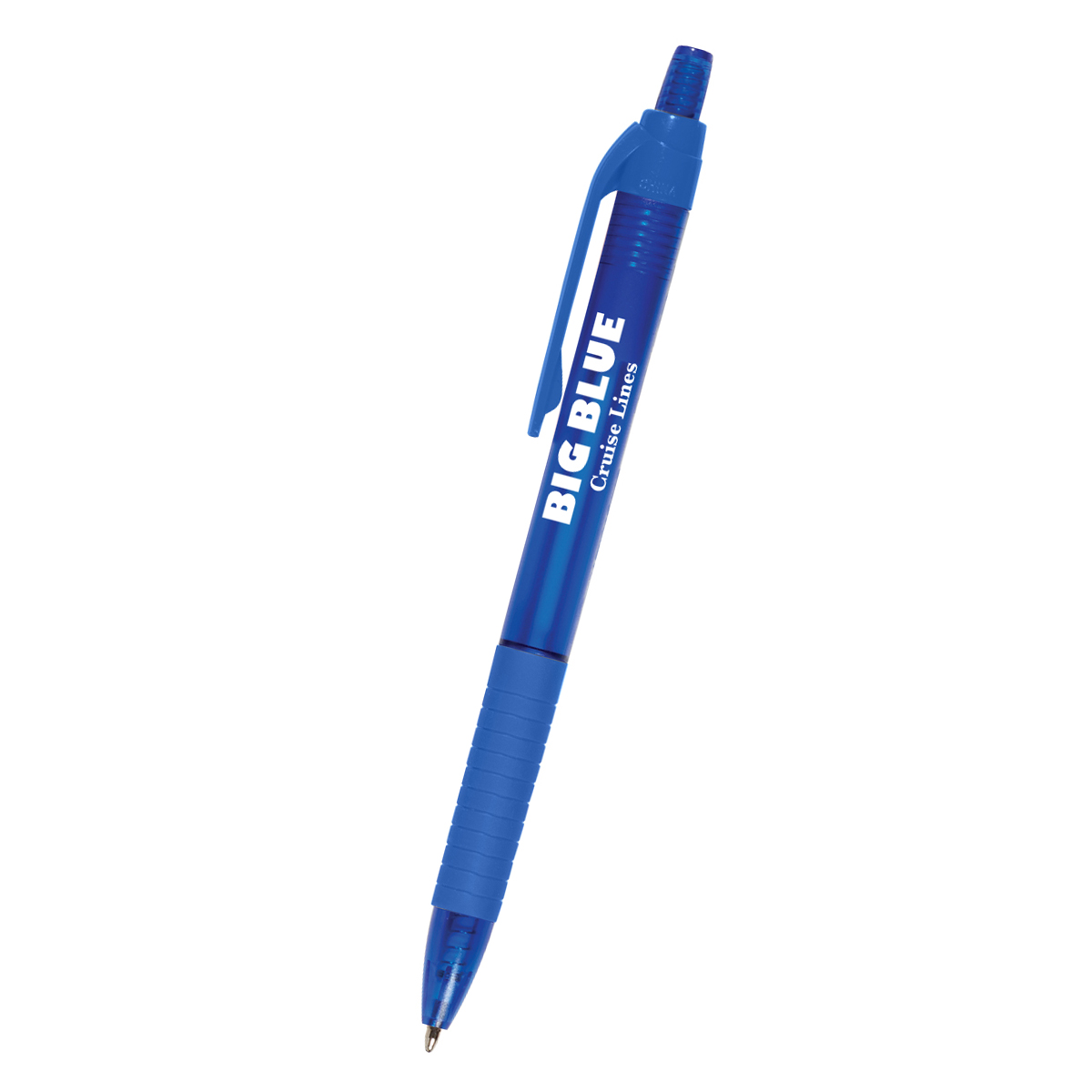 Translucent Blue Echo Pen with a translucent plastic barrel, black rubber comfort grip, plunger-action design, and silver clip, displayed for everyday writing and office use.