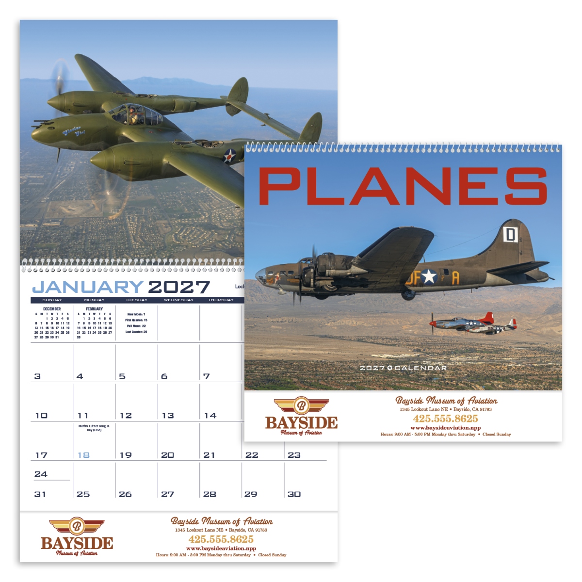 Aviation calendar featuring classic airplanes in flight throughout the year, assembled in the USA.