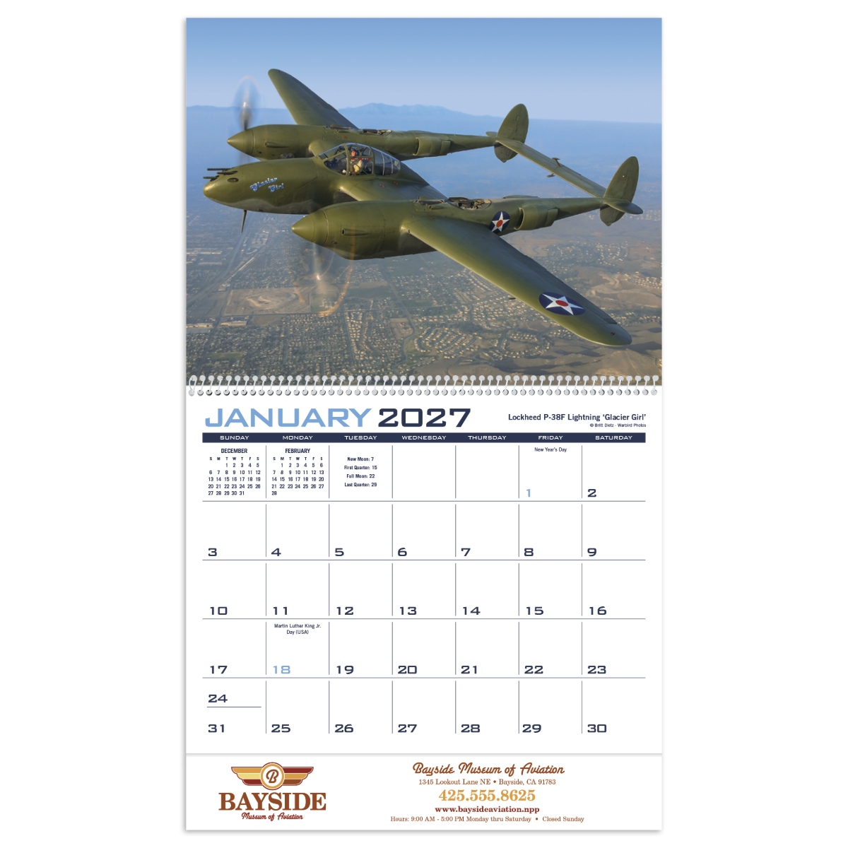 Aviation calendar featuring classic airplanes in flight throughout the year, assembled in the USA.
