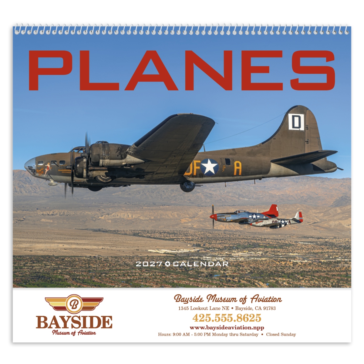 Aviation calendar featuring classic airplanes in flight throughout the year, assembled in the USA.