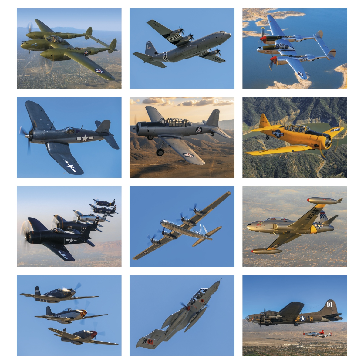 Aviation calendar featuring classic airplanes in flight throughout the year, assembled in the USA.