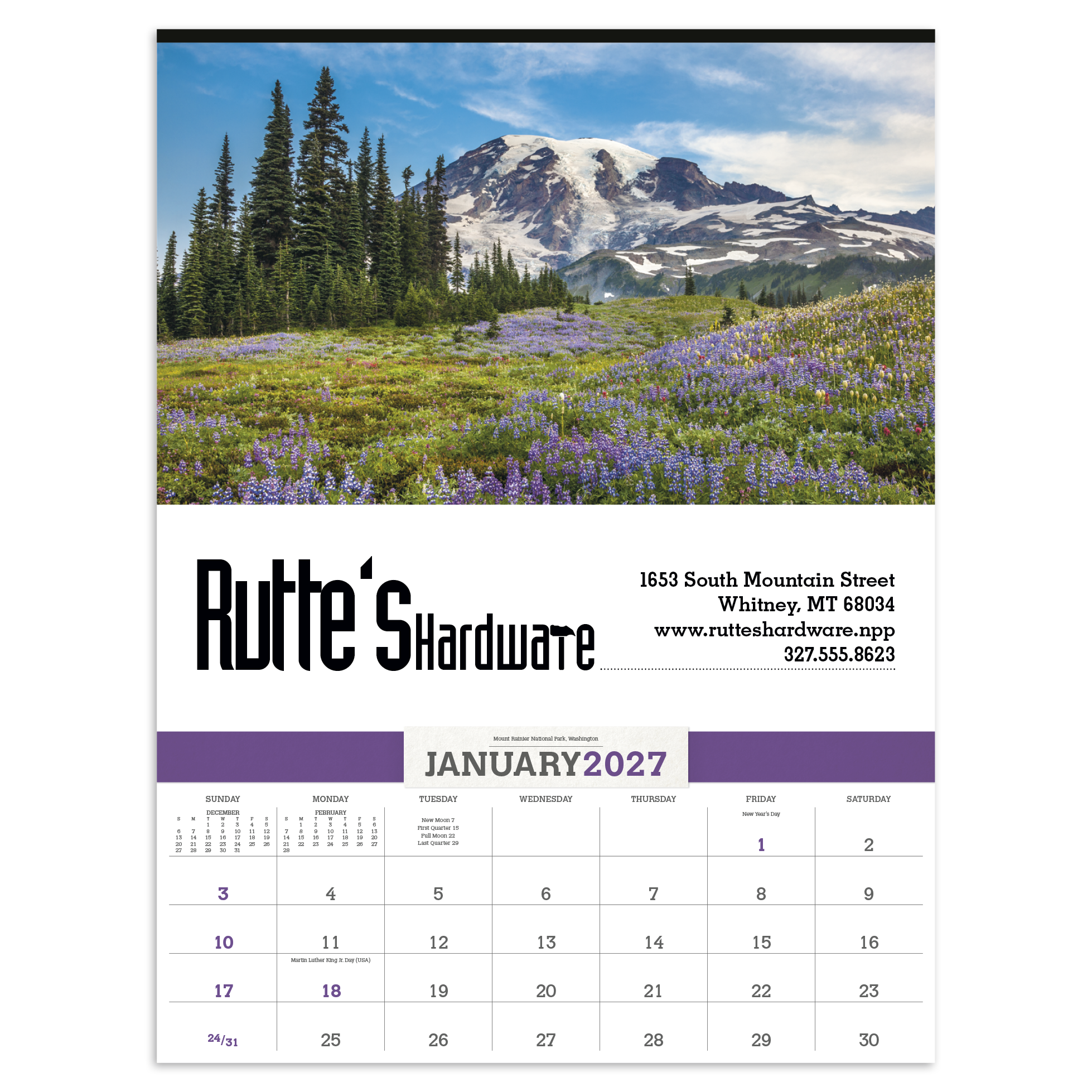 2027 American scenic wall calendar featuring breathtaking landscapes from across the United States with large monthly date blocks on a white background.