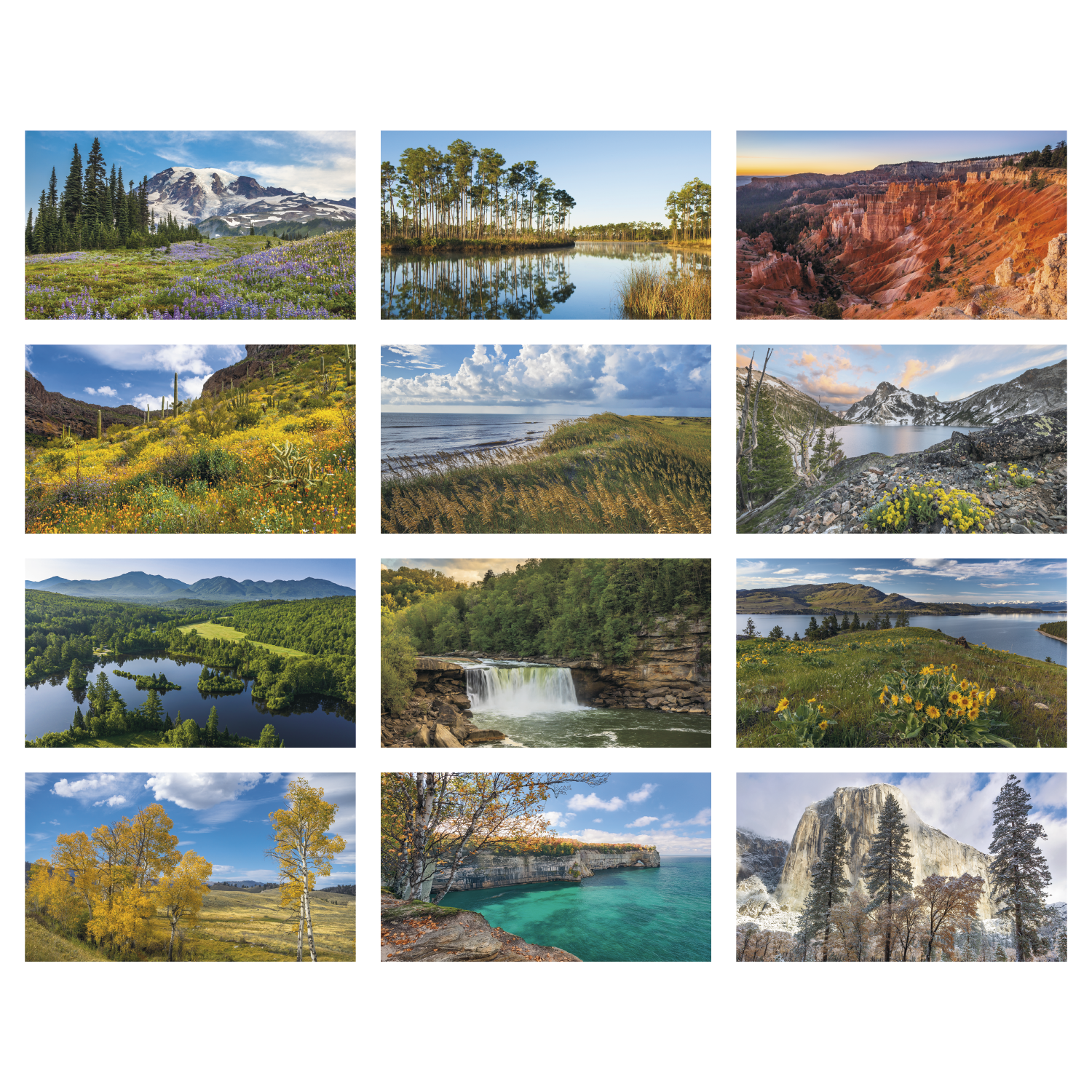 2027 American scenic wall calendar featuring breathtaking landscapes from across the United States with large monthly date blocks on a white background.