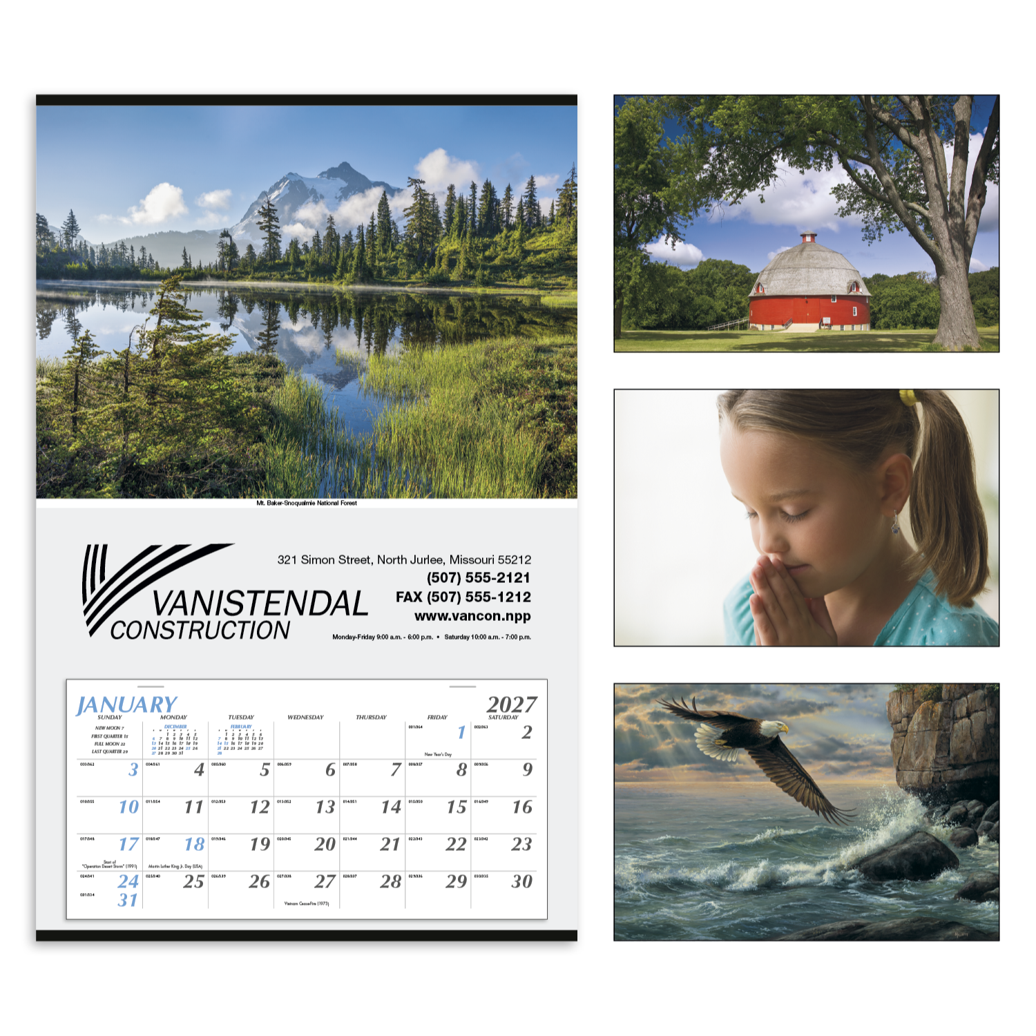 Large Hanger Calendar featuring a vibrant scenic landscape with a large monthly paper calendar grid, white paper construction, metal hanging strip, and spacious custom imprint area for office, home, or workplace wall organization.