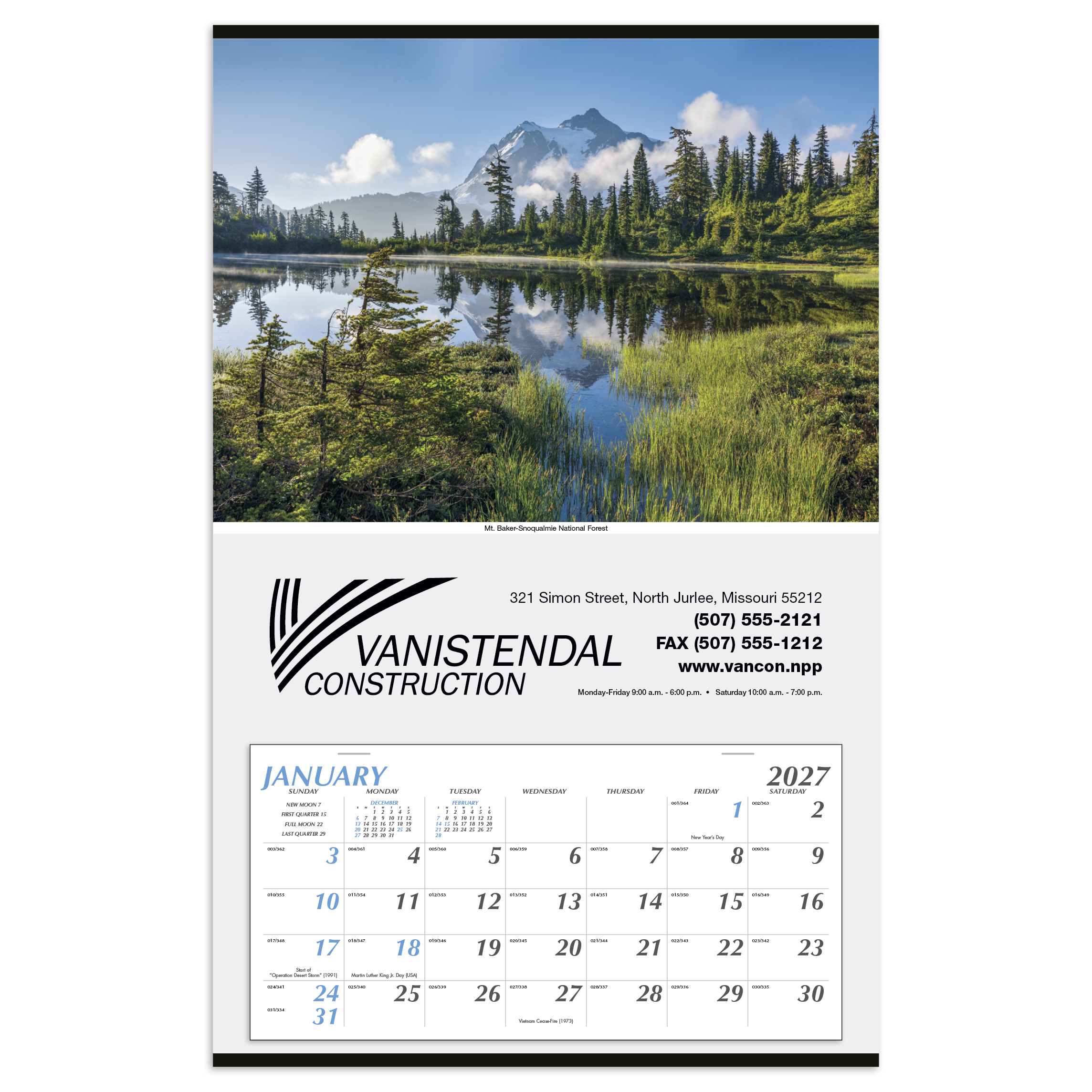 Large Hanger Calendar featuring a vibrant scenic landscape with a large monthly paper calendar grid, white paper construction, metal hanging strip, and spacious custom imprint area for office, home, or workplace wall organization.