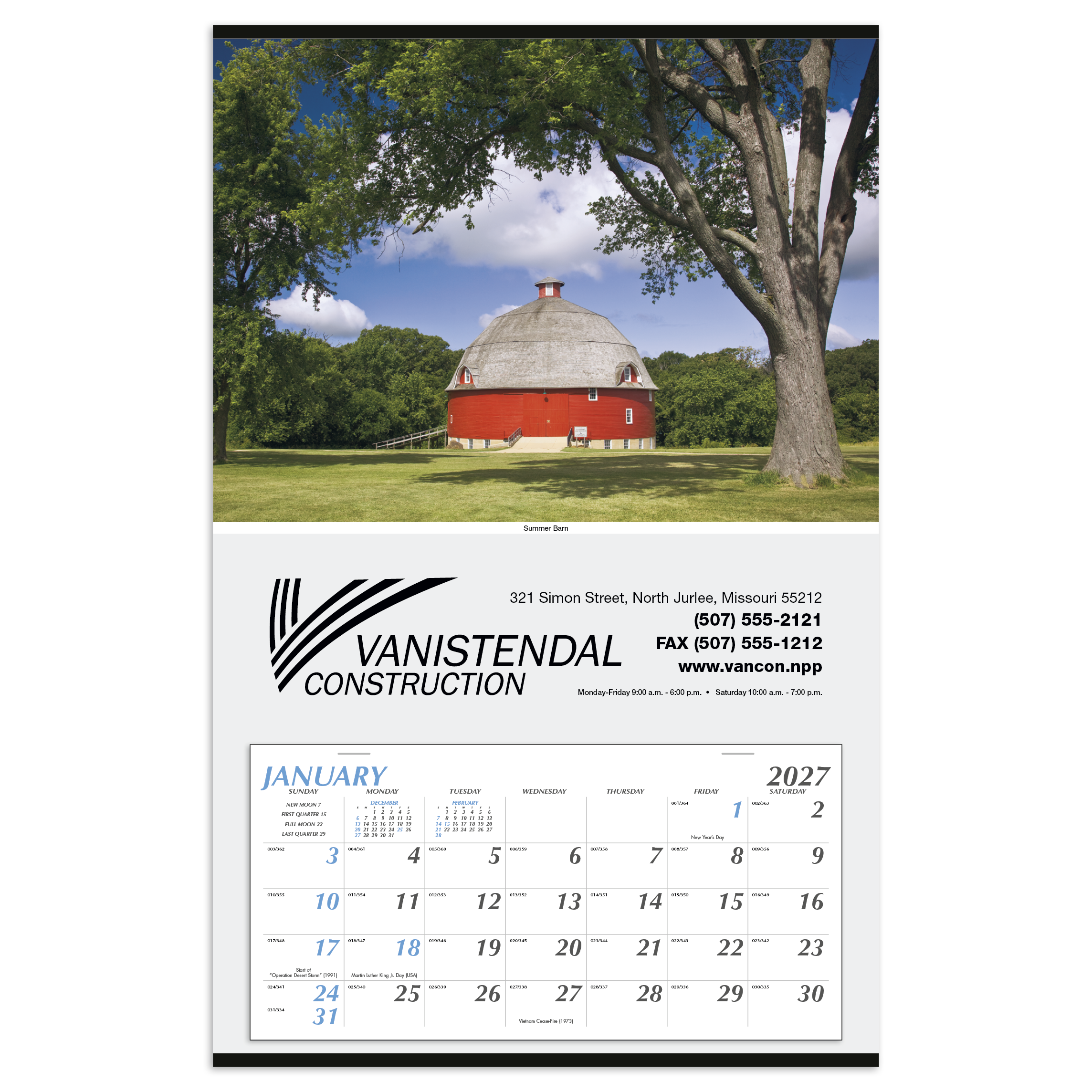 Large Hanger Calendar featuring a vibrant scenic landscape with a large monthly paper calendar grid, white paper construction, metal hanging strip, and spacious custom imprint area for office, home, or workplace wall organization.