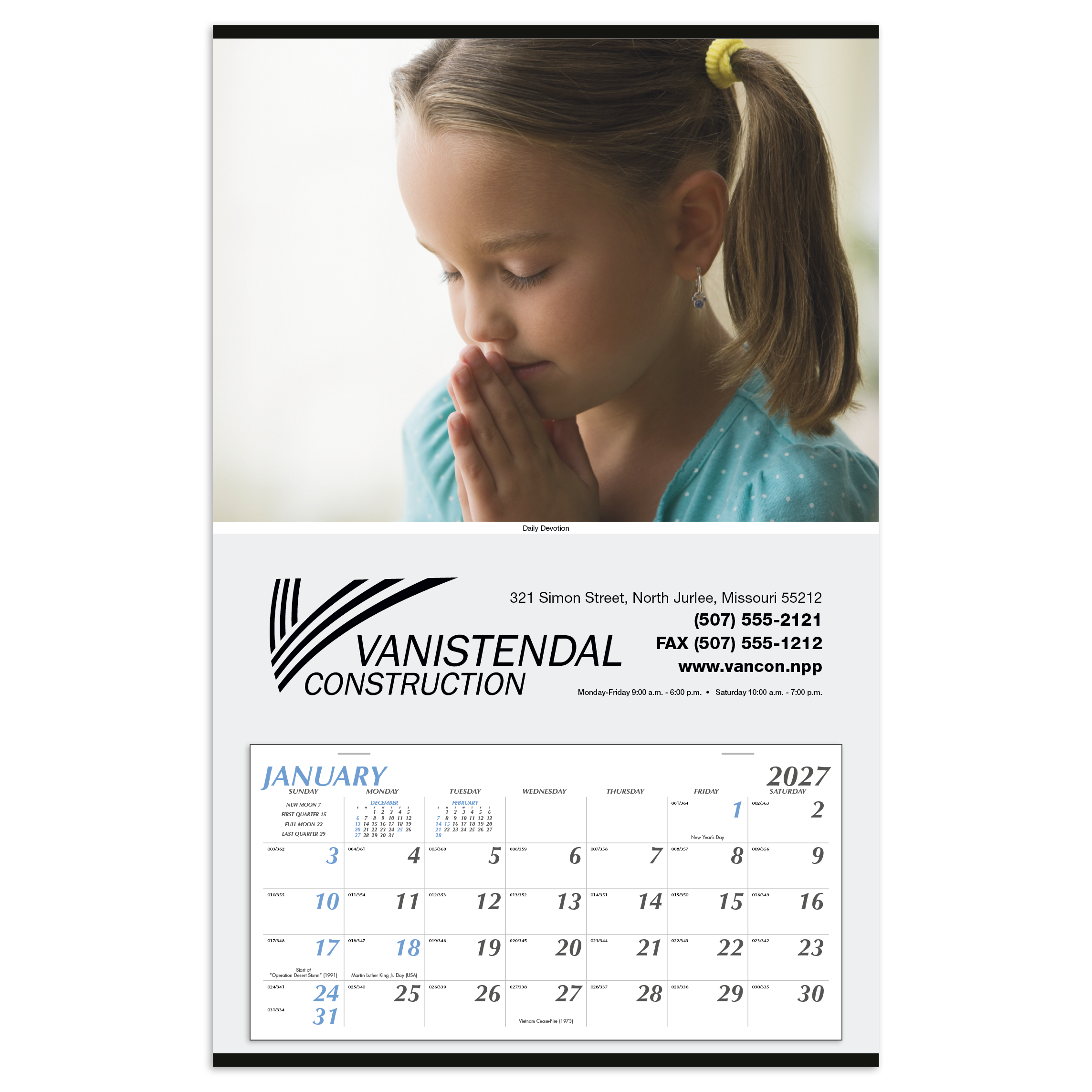 Large Hanger Calendar featuring a vibrant scenic landscape with a large monthly paper calendar grid, white paper construction, metal hanging strip, and spacious custom imprint area for office, home, or workplace wall organization.