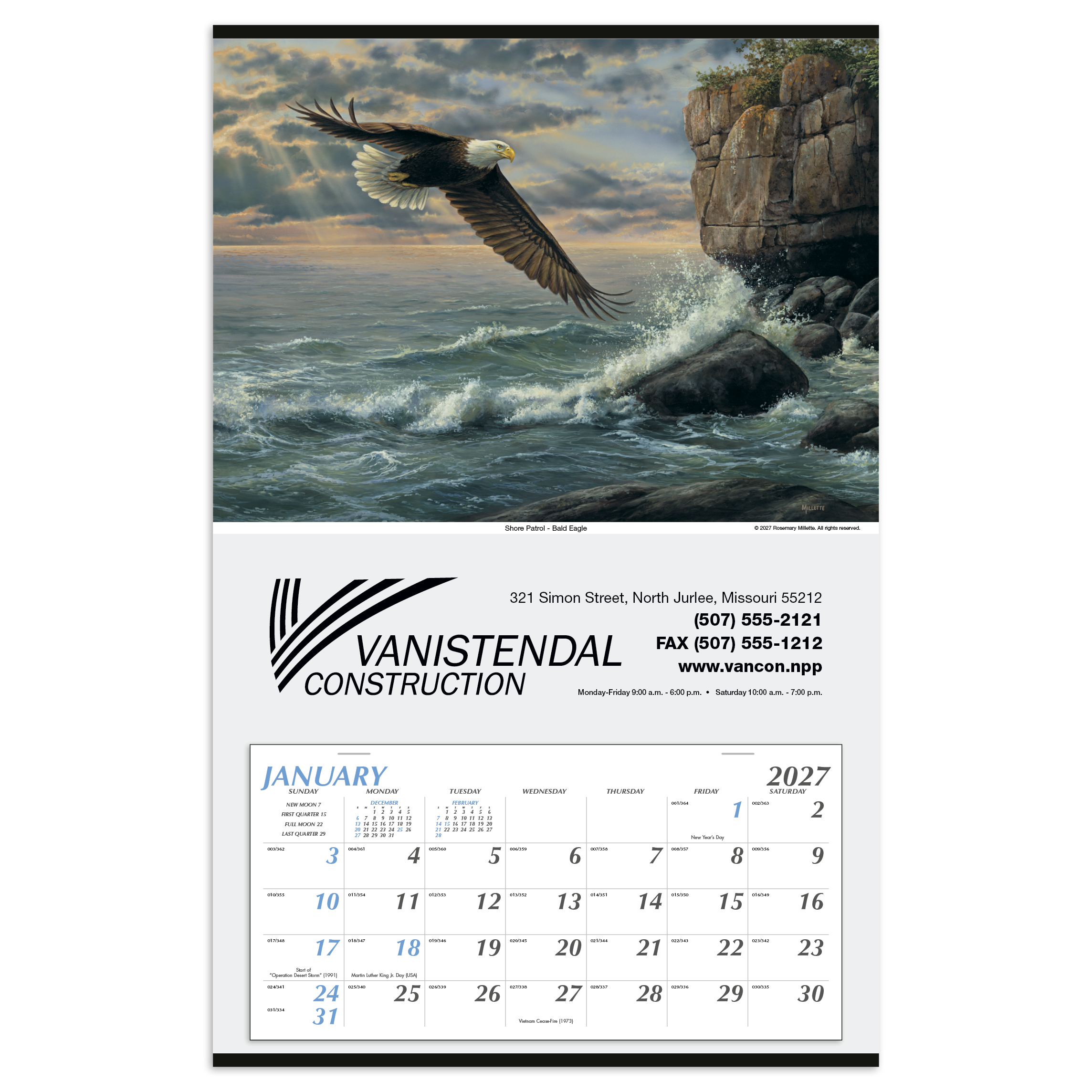 Large Hanger Calendar featuring a vibrant scenic landscape with a large monthly paper calendar grid, white paper construction, metal hanging strip, and spacious custom imprint area for office, home, or workplace wall organization.