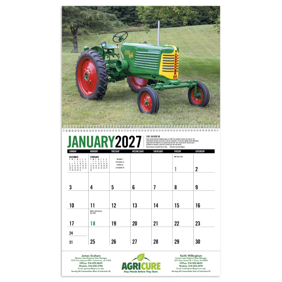 Tractor calendar featuring beautifully restored vintage tractors with information about each featured tractor, assembled in the USA.