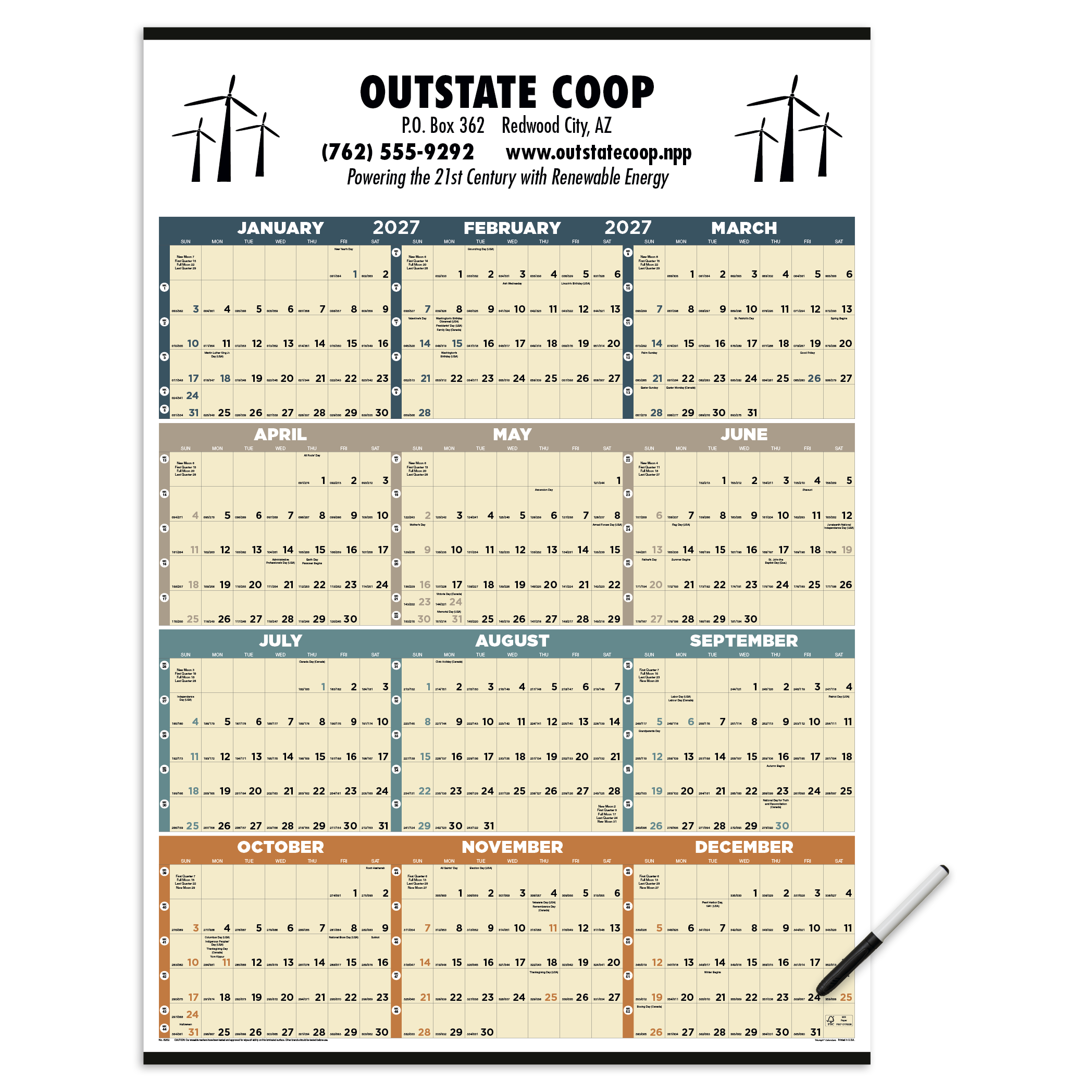 Time Management Span-A-Year Calendar with laminated write-on/wipe-off surface, colorful full-year date grid, dry erase marker, and wall-mounted paper design for annual planning and scheduling.
