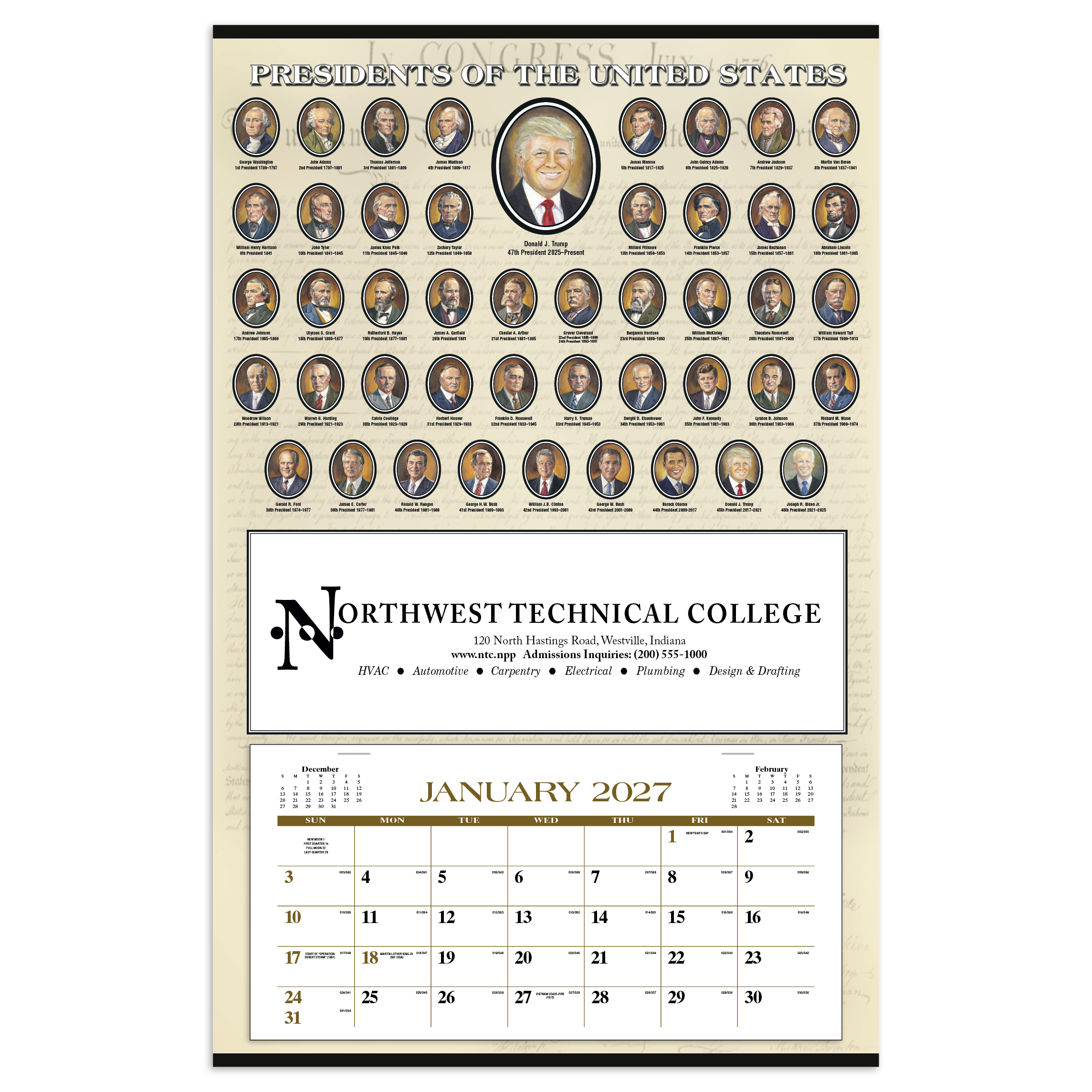 Presidents Hanger 12-Month Calendar featuring historical portraits of U.S. presidents above a white tear-off monthly calendar pad on a brown parchment-style background, mounted on a durable paperboard hanger for wall display in offices, schools, and professional spaces.
