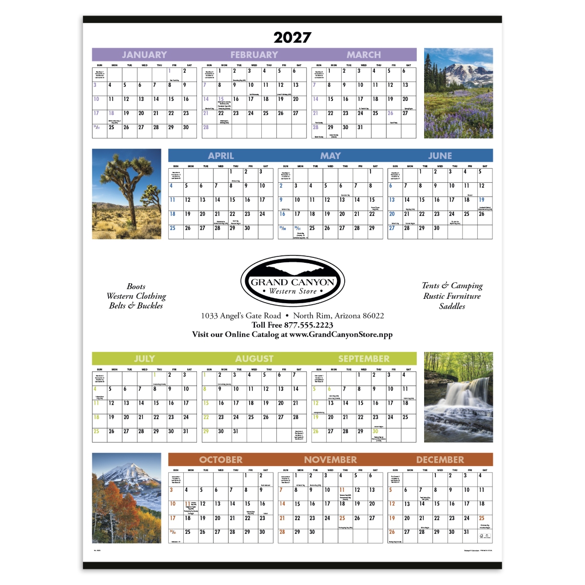Scenic Span-A-Year wall calendar featuring four full-color landscape photographs, a large yearly calendar layout, and a spacious custom imprint area, ideal for office planning and home organization.