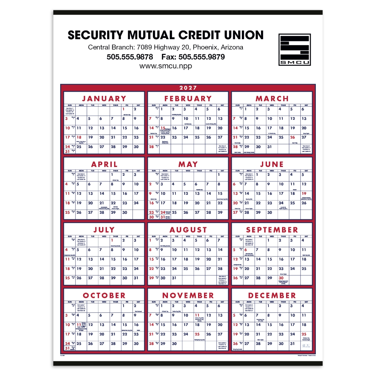 Span-A-Year Red & Blue wall calendar featuring a full-year date grid with bold red and blue accents on white paper, oversized layout with a large customizable header, ideal for year-round scheduling and office planning.