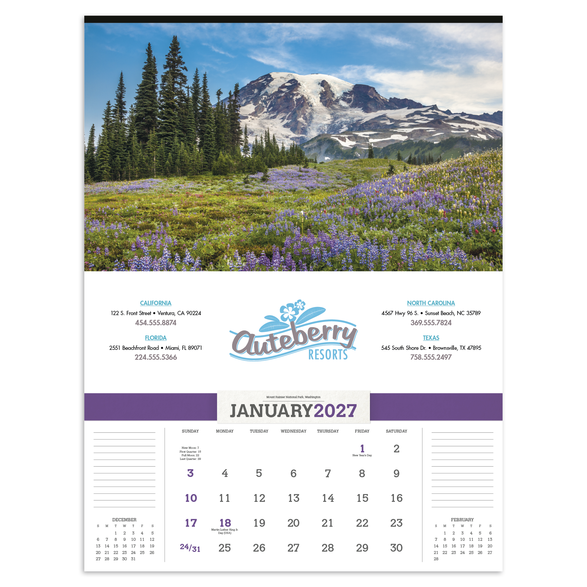 American scenic 12-sheet wall calendar featuring colorful landscape photography from across the United States with coordinating monthly accent colors on a white background.