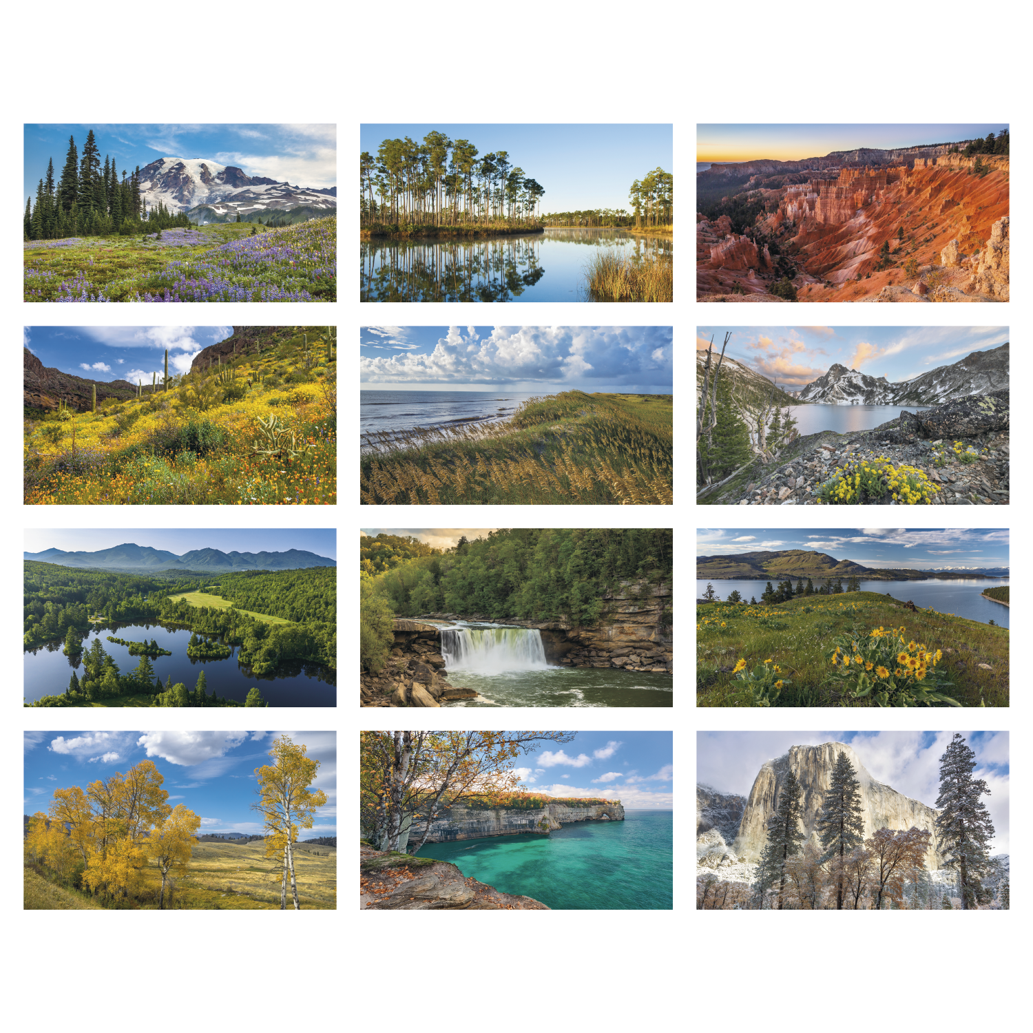 American scenic 12-sheet wall calendar featuring colorful landscape photography from across the United States with coordinating monthly accent colors on a white background.