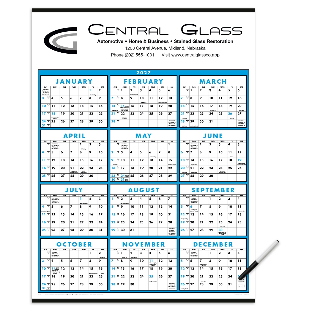 Span-A-Year Calendar (Laminated with Marker) featuring a full-year monthly grid on a white laminated paper surface with blue accents, tinned top and bottom edges, and a dry-erase marker for year-round planning and scheduling.