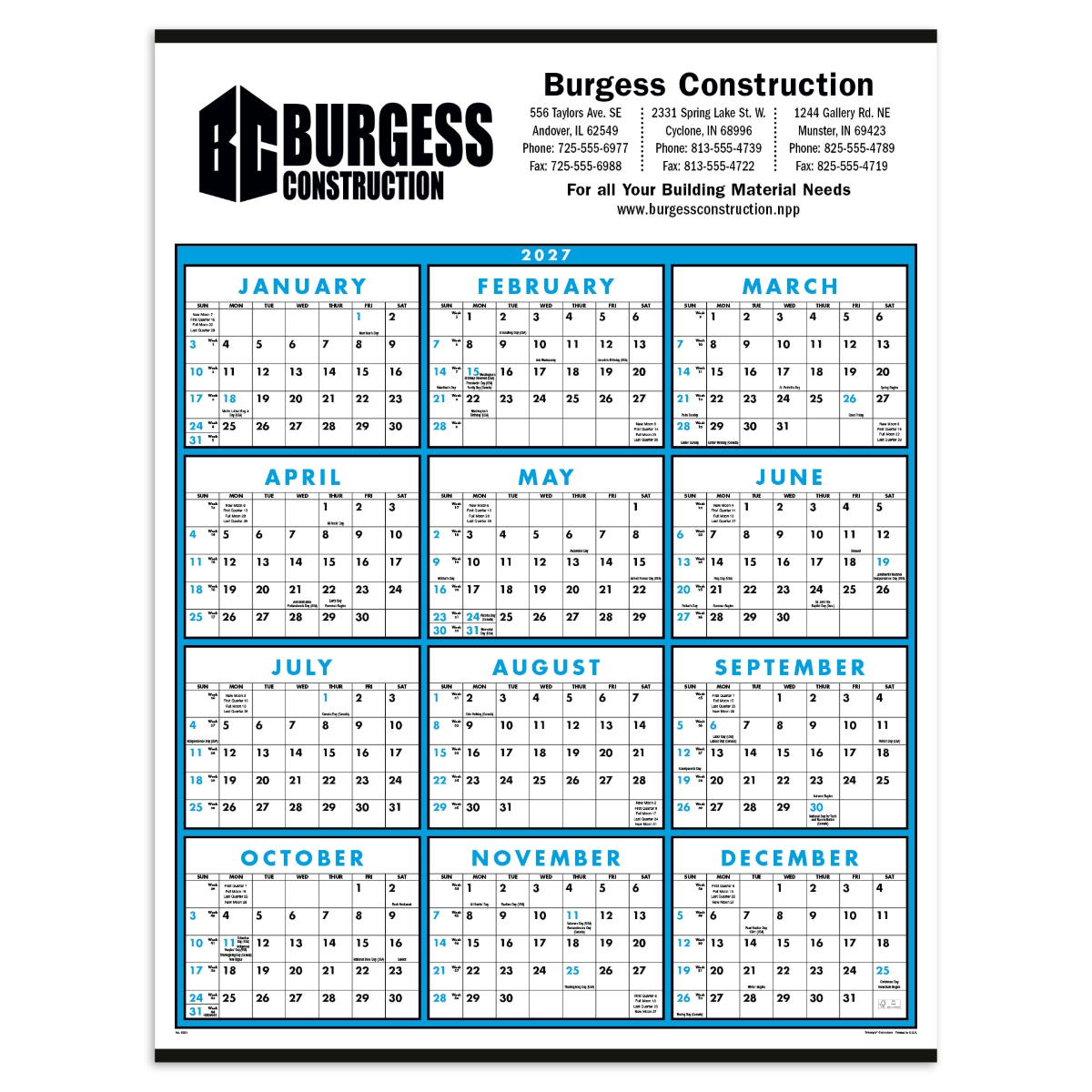 Span-A-Year Non-Laminated Calendar with a full-year blue and white date grid, durable paper construction, metal tinned top and bottom edges, and hanging loop, designed for year-round scheduling in offices, classrooms, workshops, or home workspaces.