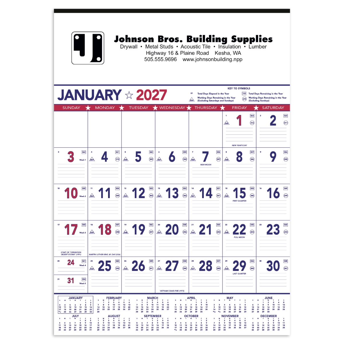 Patriotic Contractor Memo Calendar (13-Sheet) wall calendar with a red, white, and blue patriotic border, large monthly memo grid, lined date blocks, and durable paper construction for scheduling projects, appointments, and daily planning.