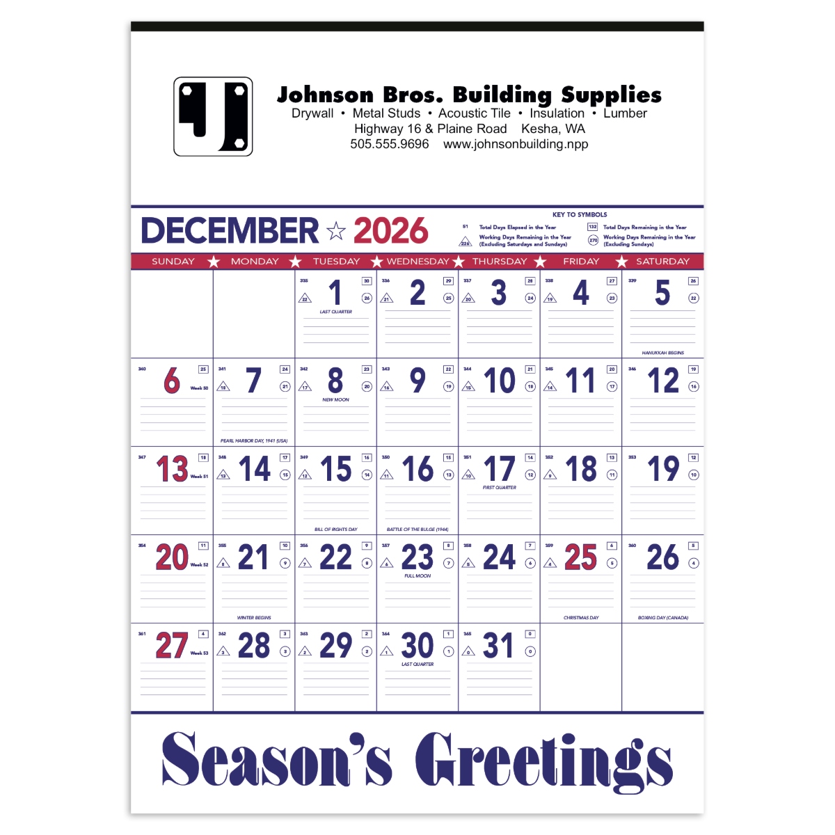 Patriotic Contractor Memo Calendar (13-Sheet) wall calendar with a red, white, and blue patriotic border, large monthly memo grid, lined date blocks, and durable paper construction for scheduling projects, appointments, and daily planning.