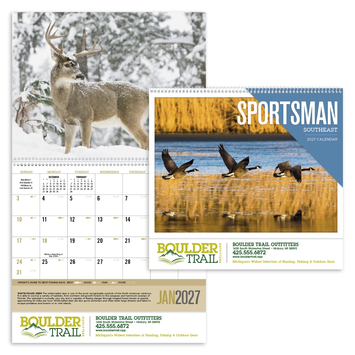 Regional hunting calendar with specialized information for KY, TN, NC, SC, MS, AL, GA, FL, and AR, plus a guide to the best fishing days.
