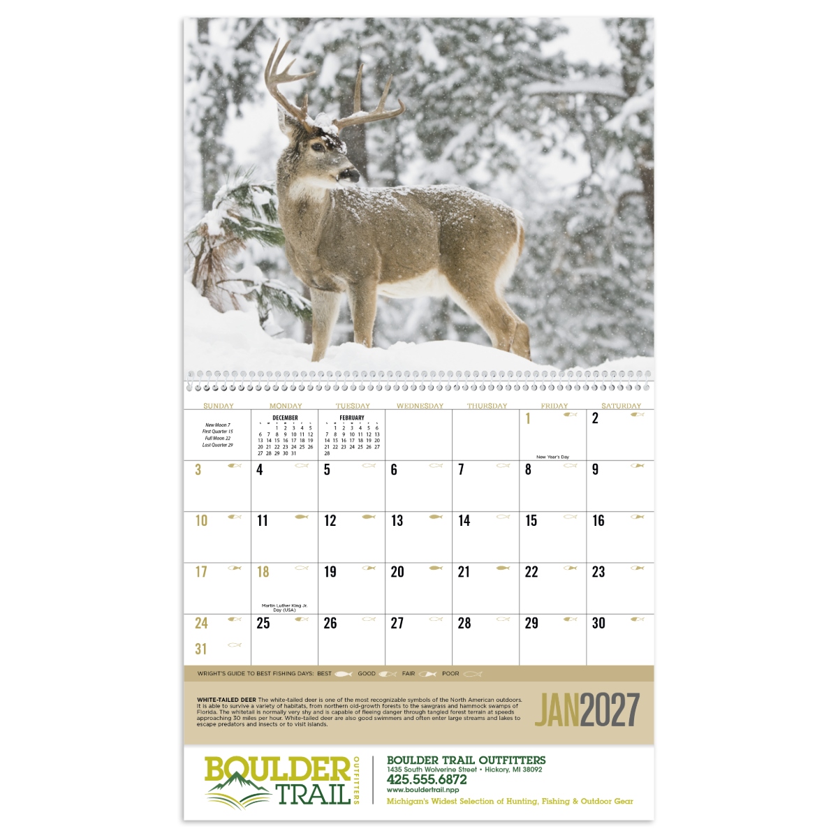 Regional hunting calendar with specialized information for KY, TN, NC, SC, MS, AL, GA, FL, and AR, plus a guide to the best fishing days.