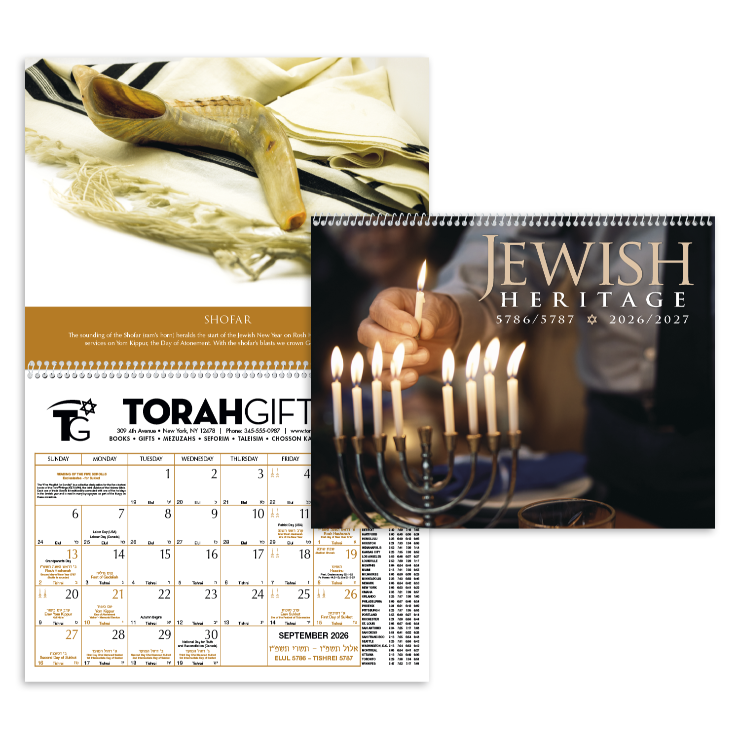 2027 Jewish heritage wall calendar featuring historic Jewish religious artifacts with informative monthly descriptions, a UV-coated cover, and a white background. Calendar Year (2027) – Lifestyle Image: