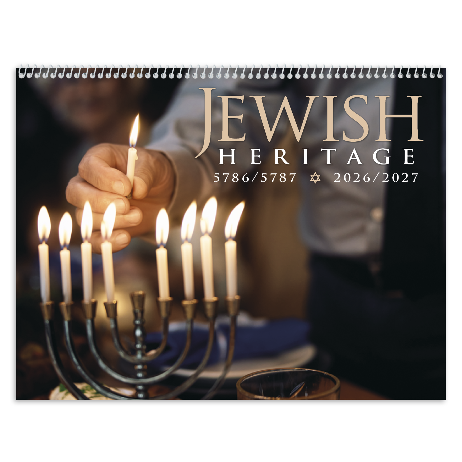 2027 Jewish heritage wall calendar featuring historic Jewish religious artifacts with informative monthly descriptions, a UV-coated cover, and a white background. Calendar Year (2027) – Lifestyle Image: