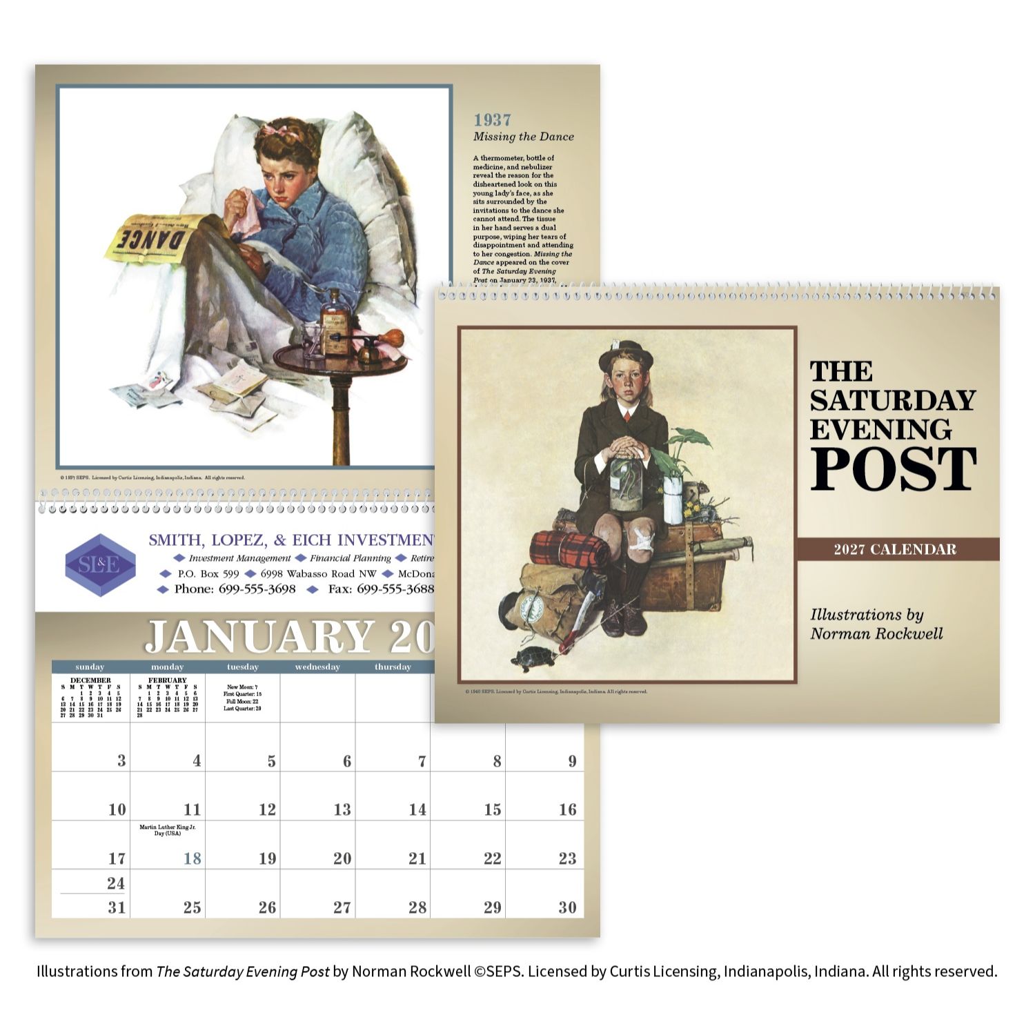 2027 wall calendar featuring classic Norman Rockwell illustrations from The Saturday Evening Post with nostalgic Americana artwork and a UV-coated cover on a white background.