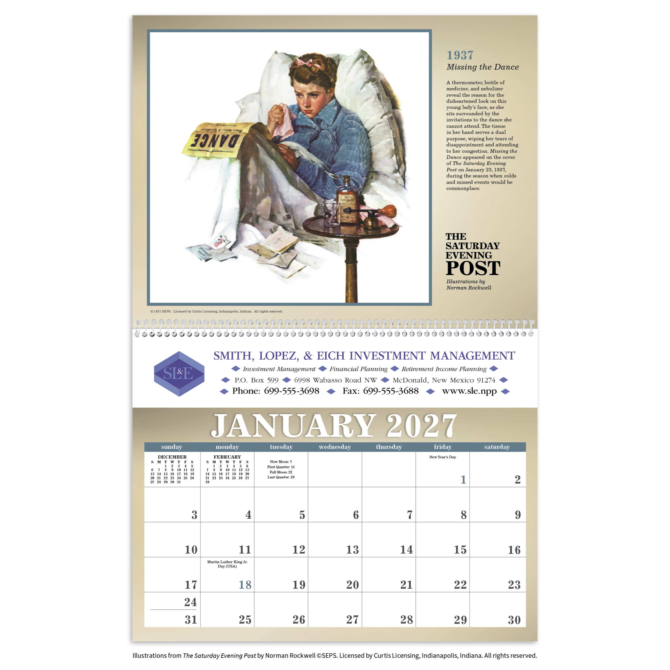 2027 wall calendar featuring classic Norman Rockwell illustrations from The Saturday Evening Post with nostalgic Americana artwork and a UV-coated cover on a white background.