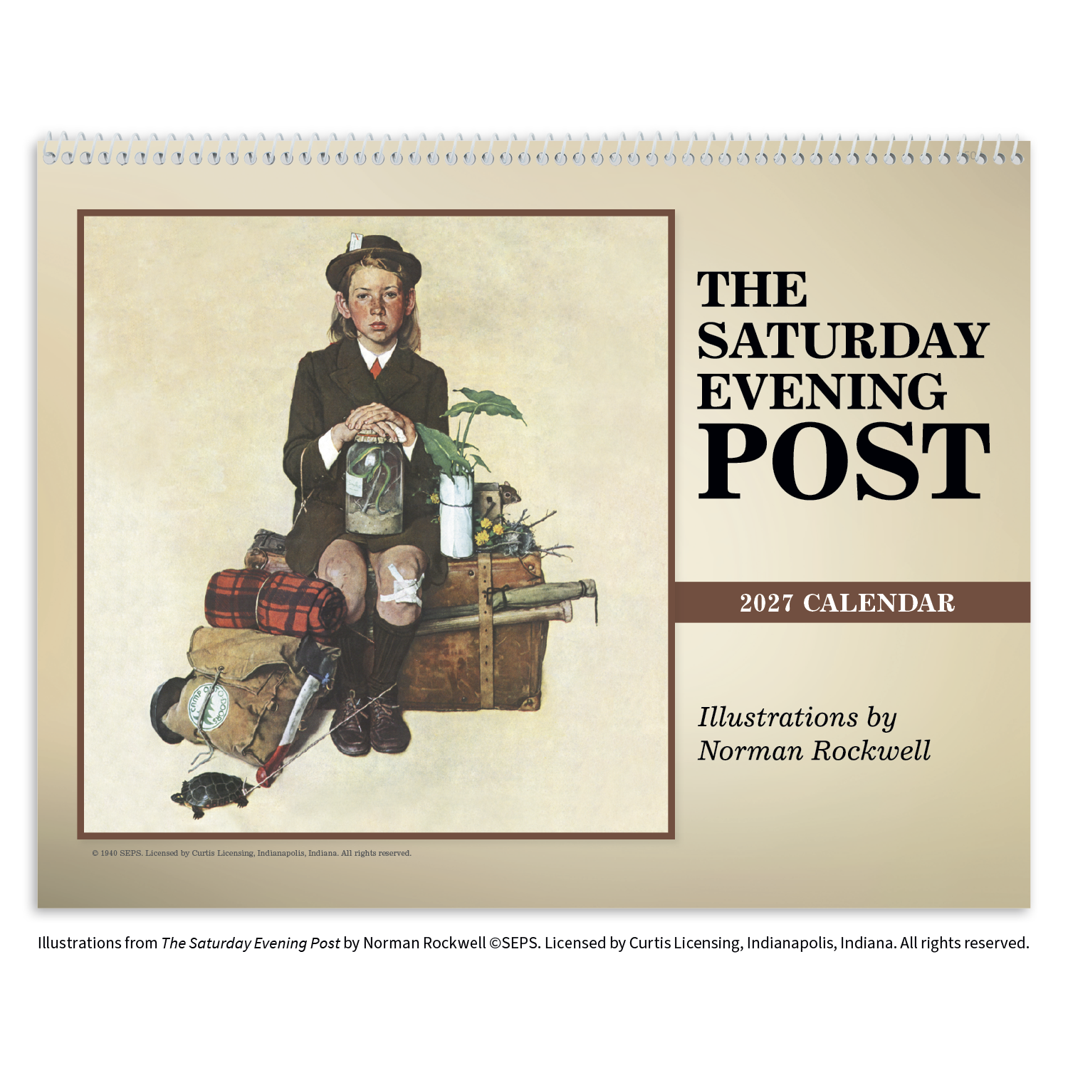 2027 wall calendar featuring classic Norman Rockwell illustrations from The Saturday Evening Post with nostalgic Americana artwork and a UV-coated cover on a white background.