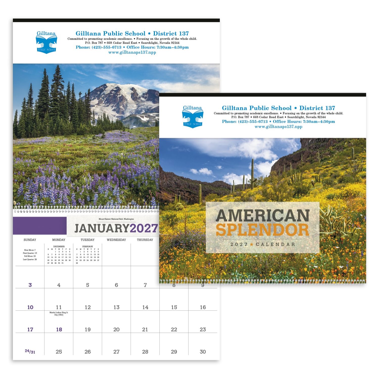 2027 American scenic wall calendar featuring 12 beautiful landscape photographs from across the United States with a large monthly date pad for appointments and notes on a white background.