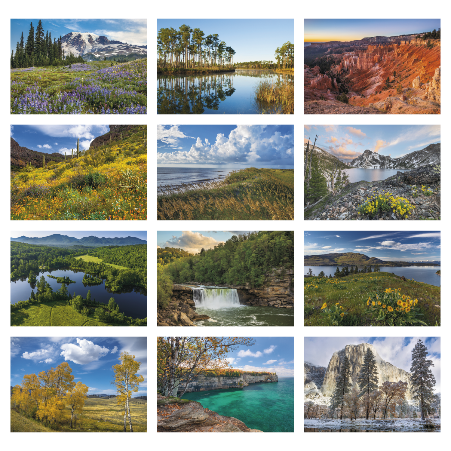 2027 American scenic wall calendar featuring 12 beautiful landscape photographs from across the United States with a large monthly date pad for appointments and notes on a white background.