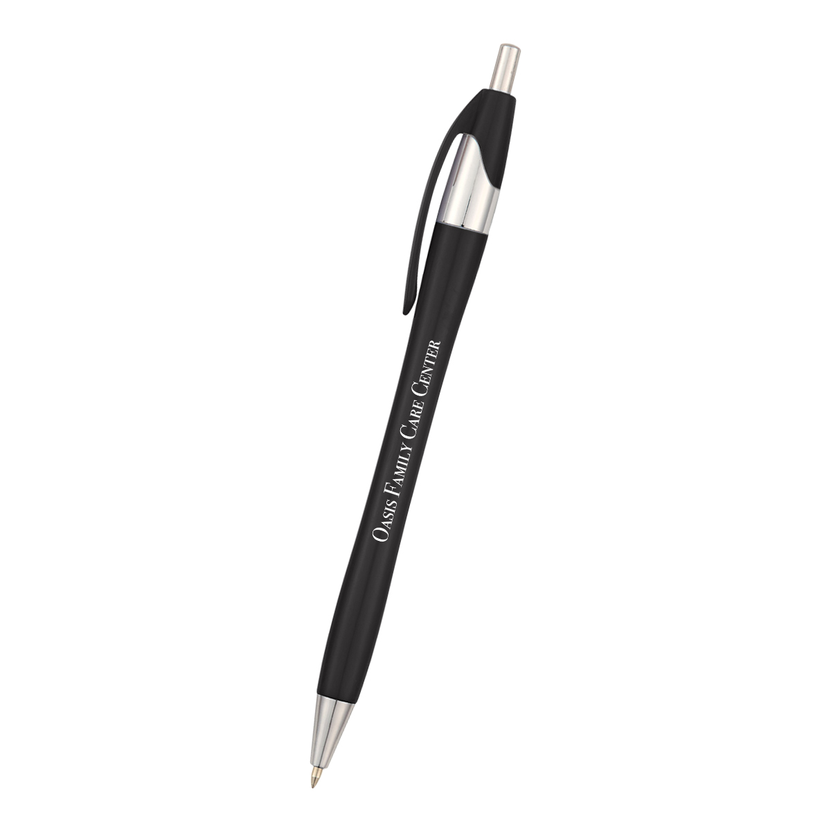Black Tri-Chrome Dart Pen with a glossy plastic barrel, chrome accents, and plunger-action design, displayed on a desk for everyday writing, office, school, or promotional event use.