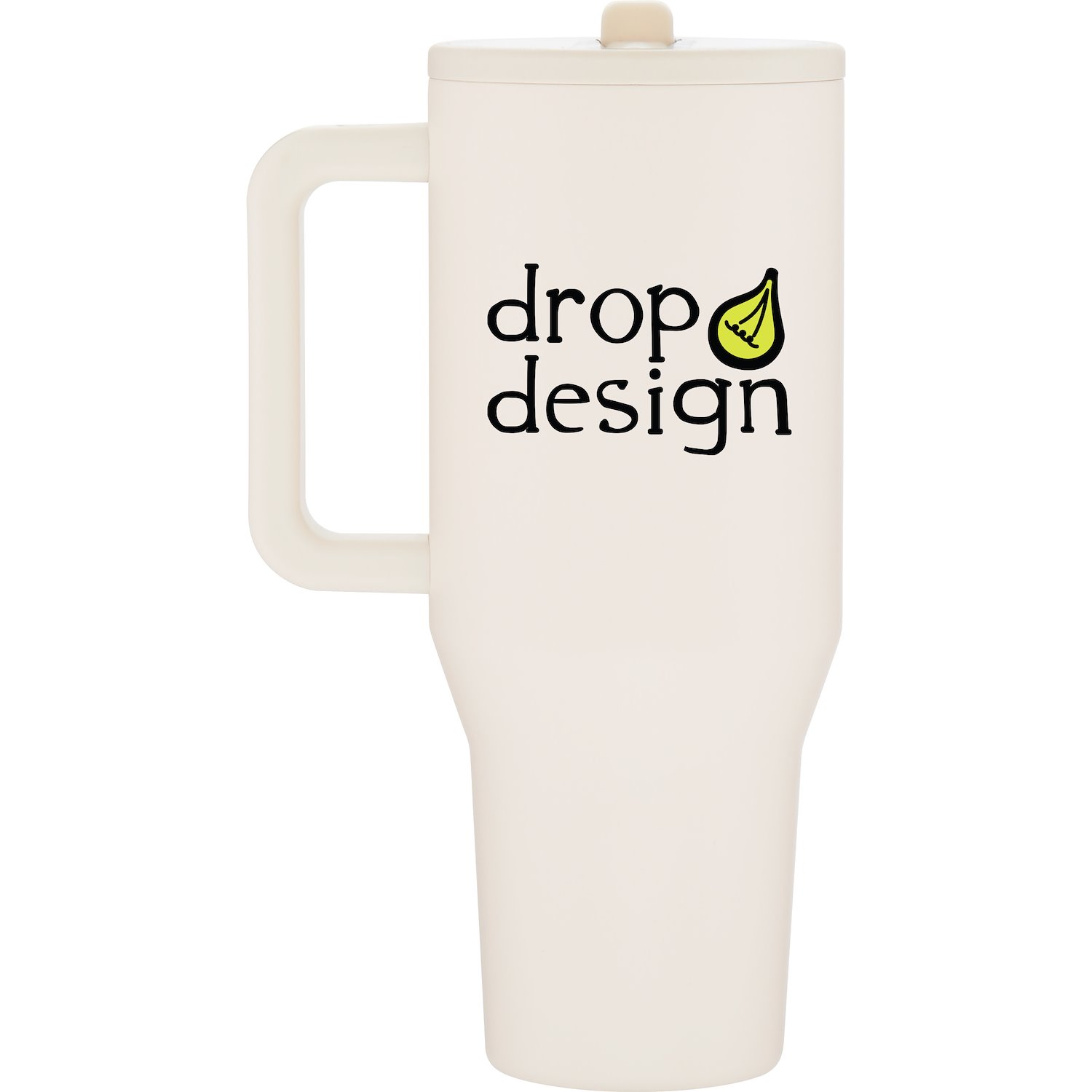 Cream HydroJug Traveler 32 oz. stainless steel travel mug with ergonomic handle, flip-straw lid, and tapered base, shown in a modern solid-color finish for everyday hydration, commuting, travel, work, or fitness use.