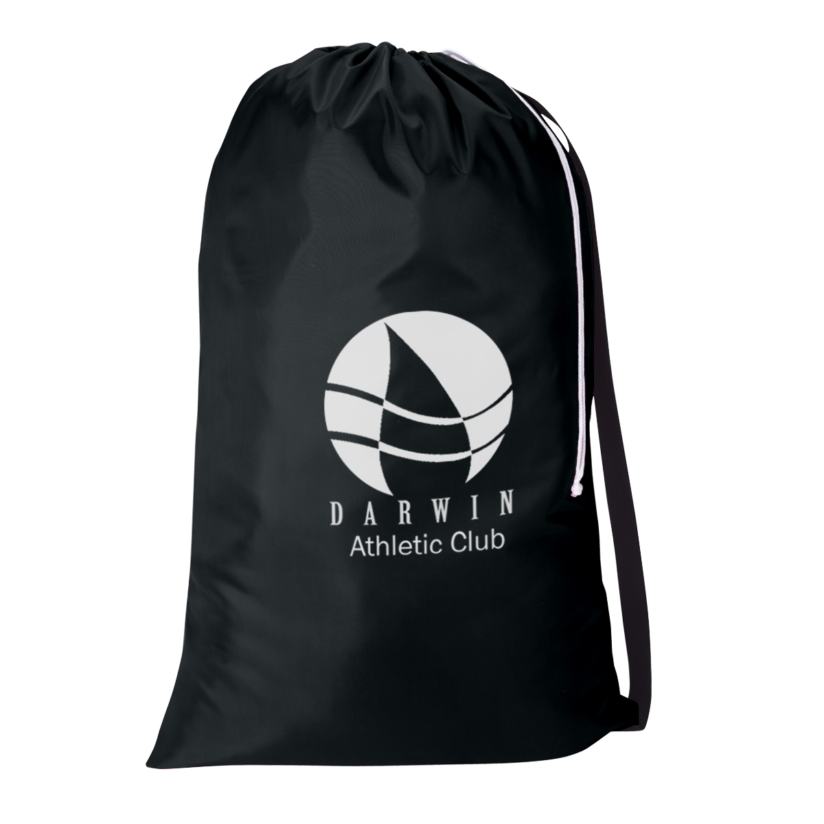 Black Drawstring Utility Bag 23" x 35.5" made from durable 210D polyester with a drawstring closure and black nylon shoulder strap, designed for carrying laundry, sports gear, camping equipment, or oversized everyday essentials.